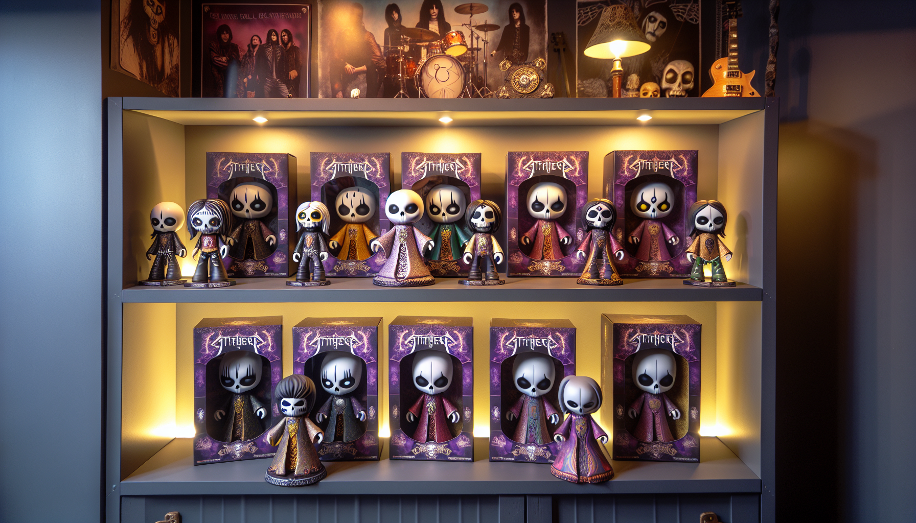 Display shelf with Ghost-inspired POP vinyl figures in boxes, featuring band costumes, skull face paint, and cozy collection room decor.