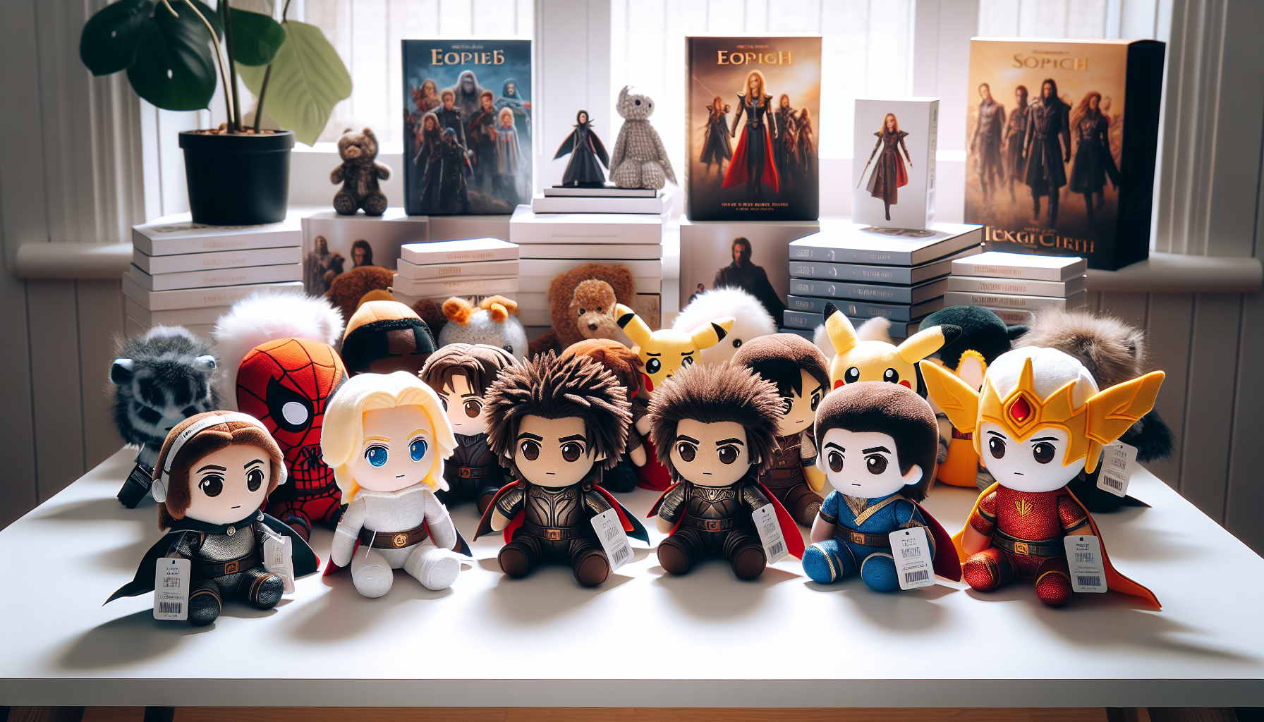Solo Leveling gosedjur character plush toys arranged on a white tabletop with manga and collector props, perfect for anime collectors and fans in Sweden.