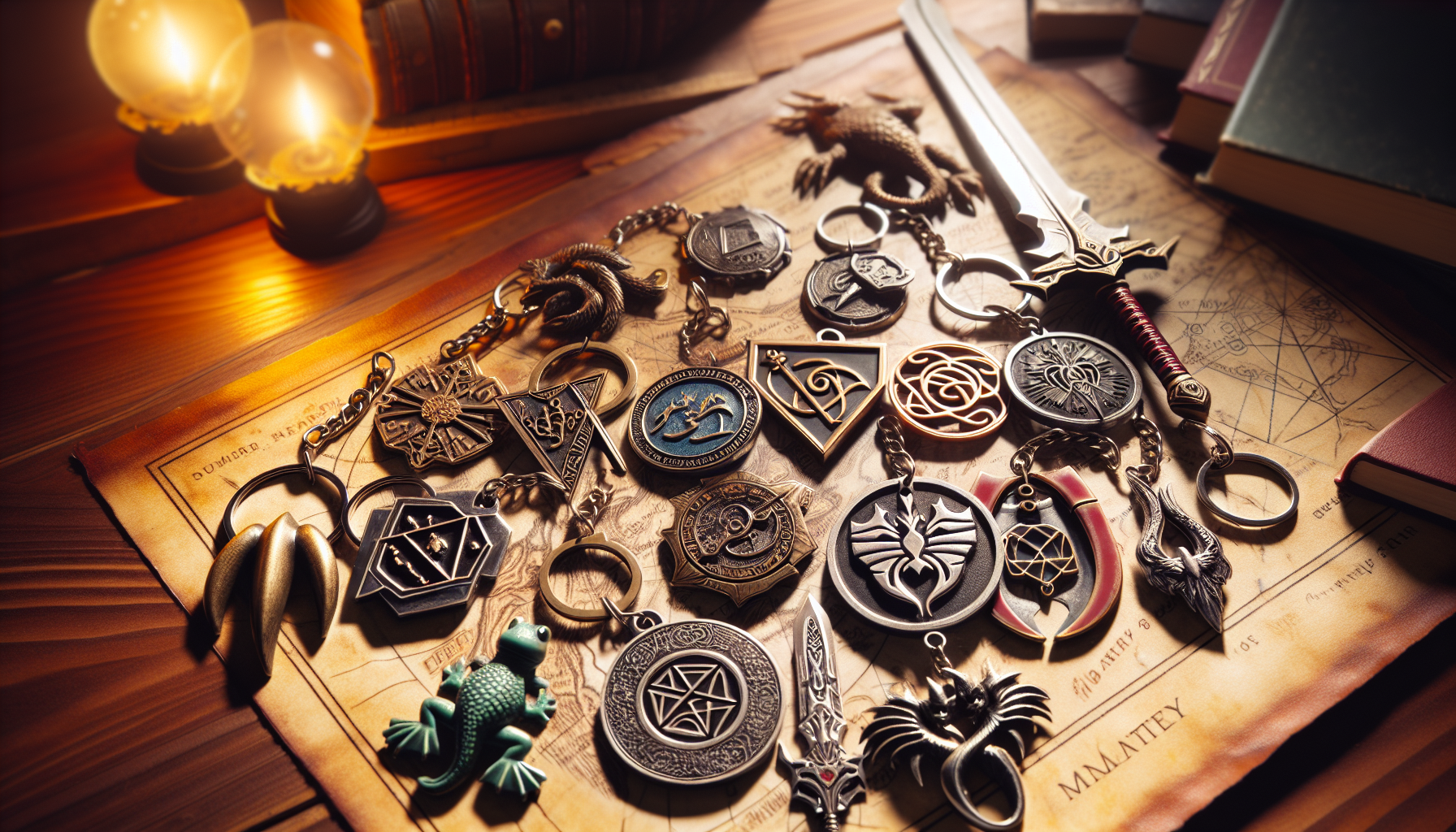 Official World of Warcraft nyckelringar featuring Horde, Alliance, Frostmourne, Murloc, and Hearthstone on a wooden tabletop, collector display.