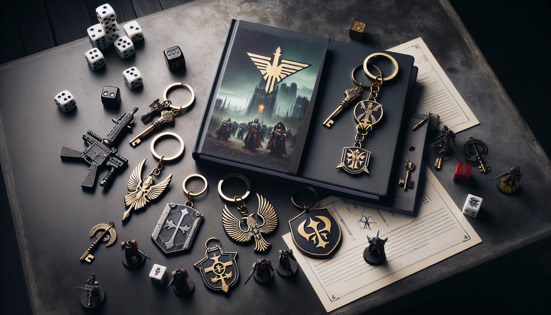 Flat lay of Warhammer nyckelringar, rulebook, dice, and mini figures on dark table, highlighting gaming collectibles for fans.