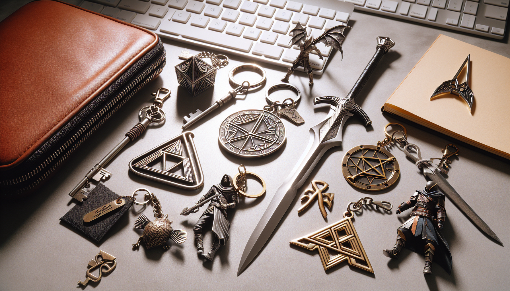 Aesthetic Legend of Zelda nyckelringar —Master Sword, Triforce, Hylian Shield, Link—styled on desk, keys, and bag for collectors and fans.