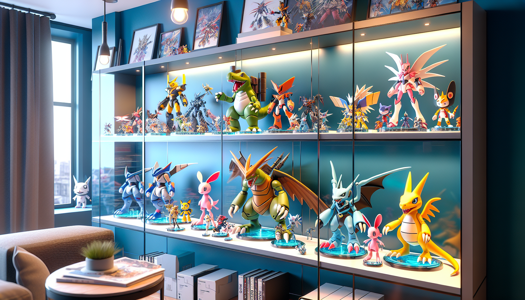 Curated Digimon Figurer on glass shelves in a modern Scandinavian room; Agumon, Gabumon, Patamon, and Gatomon on display for collectors.