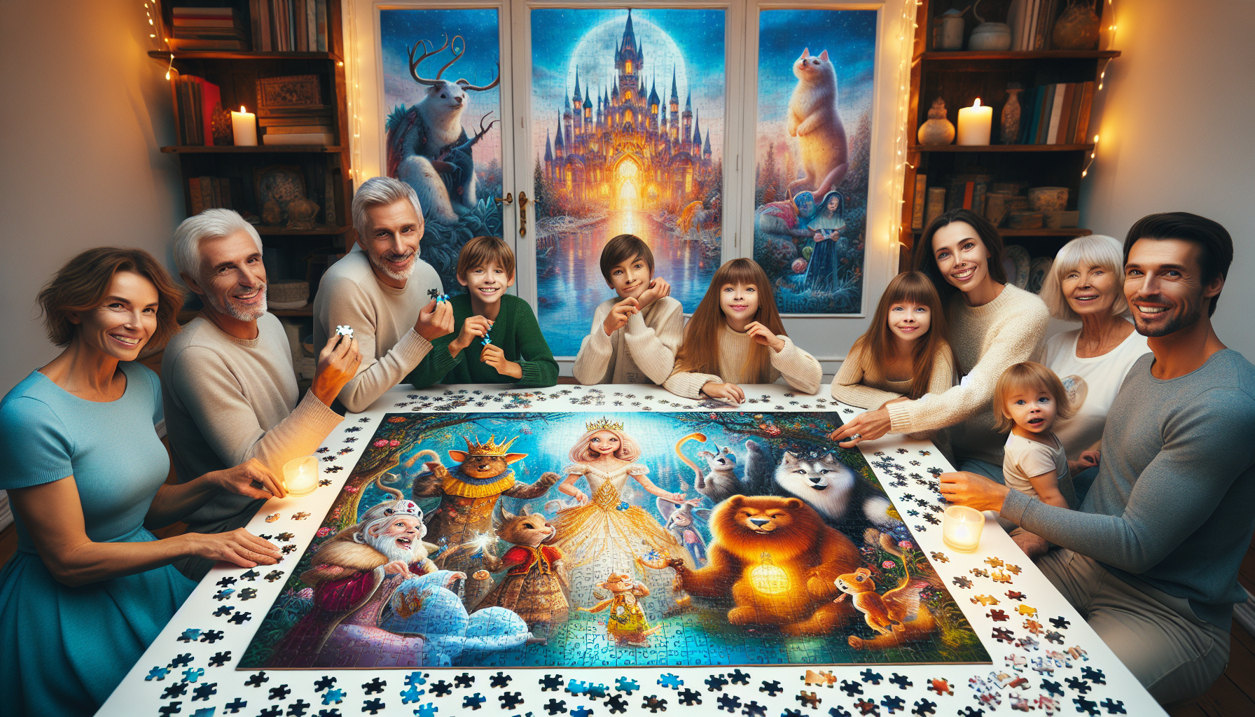 Diverse family assembling Disney Pussel themed puzzle with Mickey Mouse, Elsa, Simba, and Winnie the Pooh, sharing joyful, cozy bonding time.