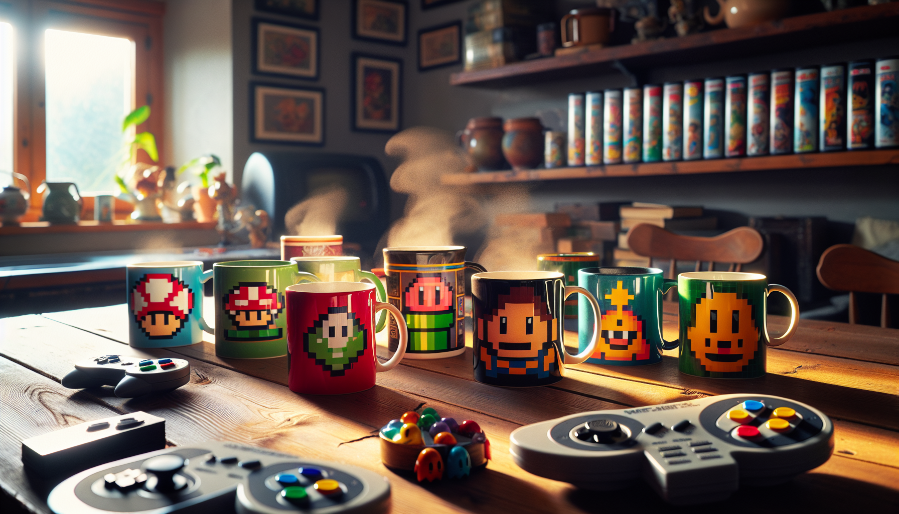 Nintendo Muggar - Colorful Nintendo-themed mugs featuring Mario, Zelda, and Pikachu on a cozy coffee table with retro controller and game cartridges.