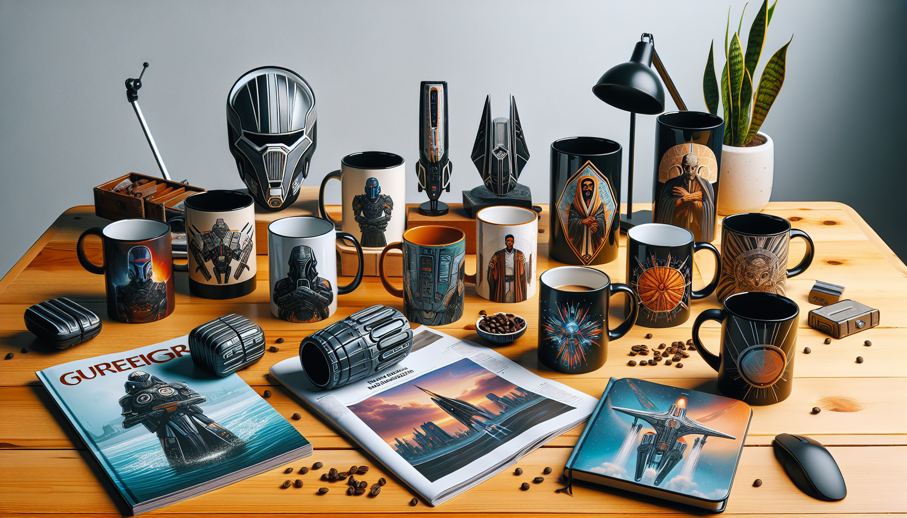 Star Wars Muggar - Star Wars-themed mugs with Darth Vader, Yoda, Millennium Falcon, and Stormtrooper designs in a stylish flat lay on a wooden table.