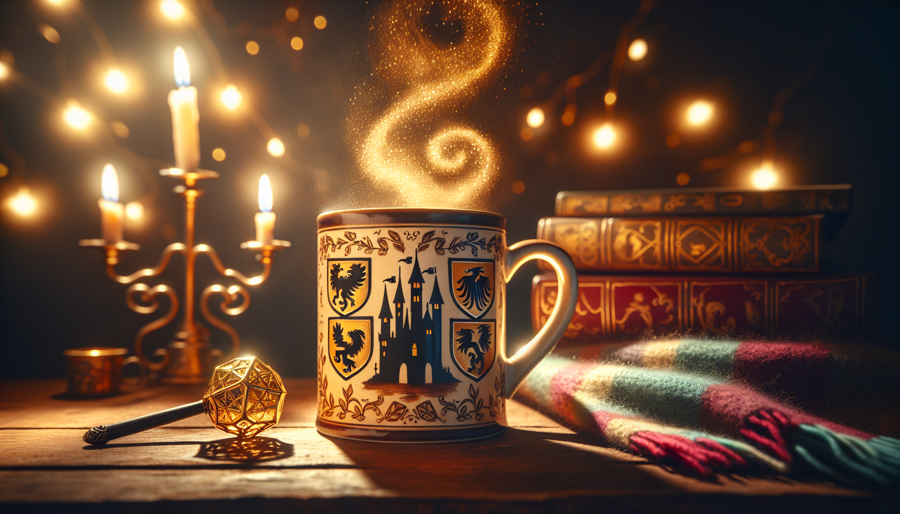 Harry Potter Muggar - Harry Potter-inspired coffee mug with Hogwarts motifs, house crests, and golden Snitch on a cozy wooden table with magical study background.