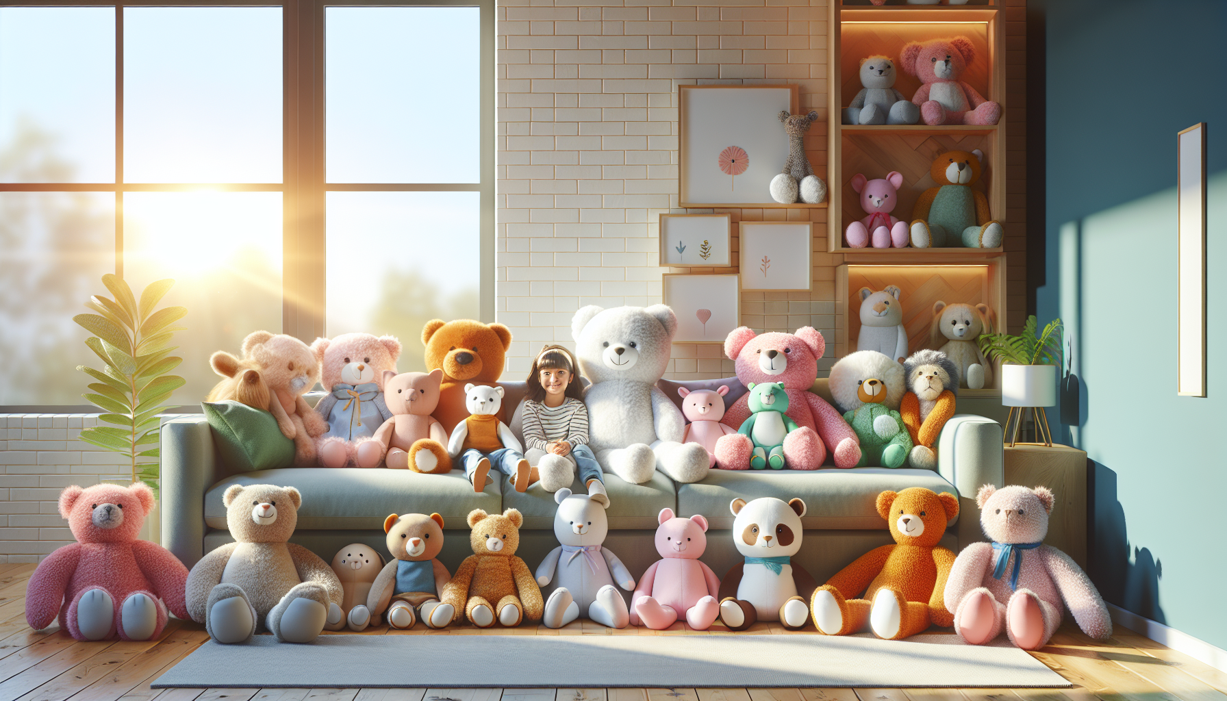 Yummis Gosedjur living room with family hugging colorful Yummis stuffed animals on a Scandinavian sofa, sunlight streaming through windows, joyful atmosphere.