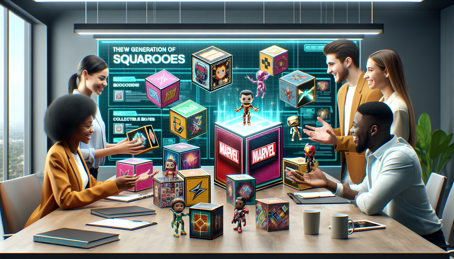 Vibrant Squaroes collectible boxes and figures on a modern table, with young adults discussing this new pop culture collectible experience.