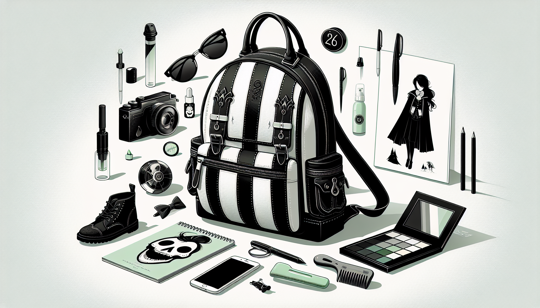 Beetlejuice-inspired backpack with bold black and white stripes, green accents, and gothic details, styled with sunglasses, notebook, and headphones.