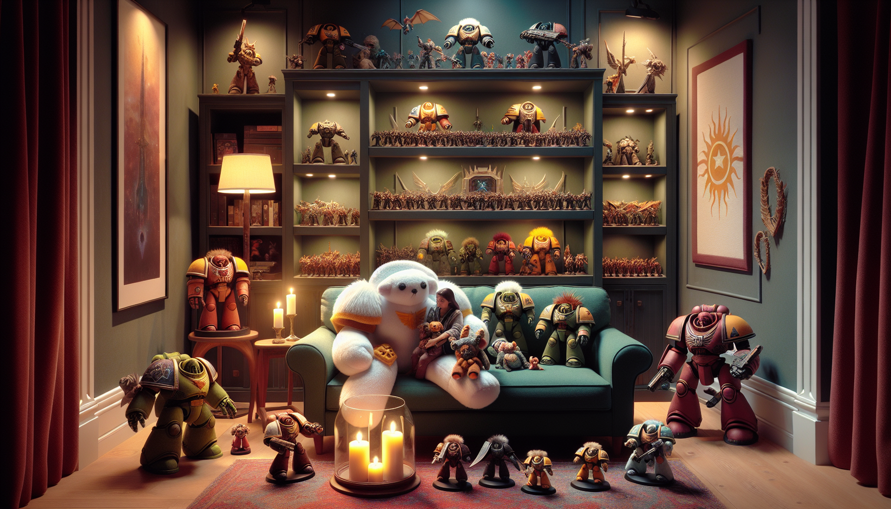 Adult and child admire Warhammer plushies on cozy living room shelf, collectible stuffed Space Marines, Orks, and Tyranids for fans and collectors.