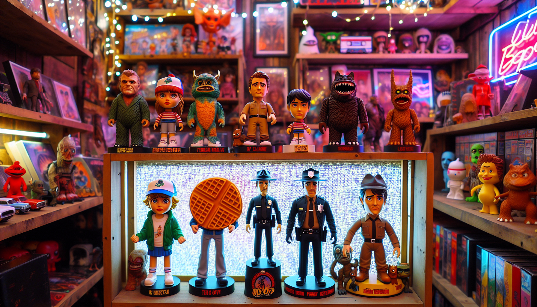 Curated shelf of Stranger Things Funko POP figures in a cozy collector’s room with 1980s decor, perfect for a collectibles blog.