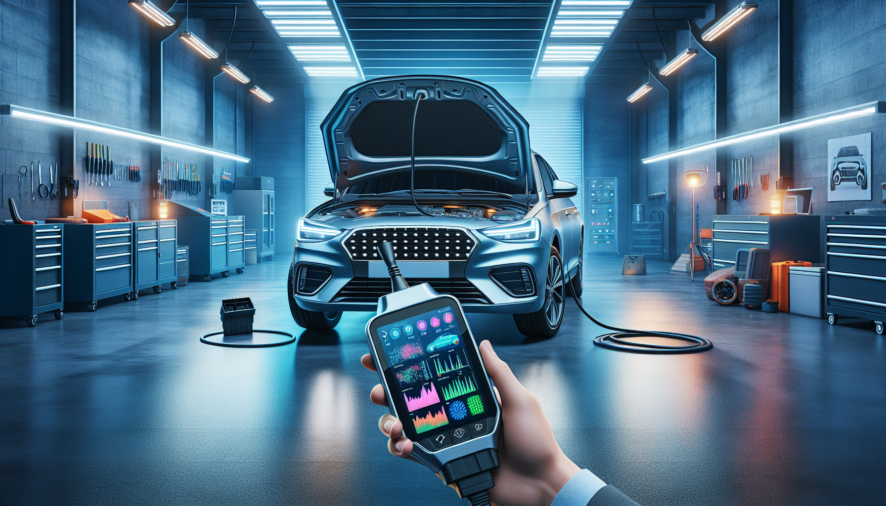 Photorealistic modern car in a bright garage with OBD2 scanner and tablet displaying diagnostic data, symbolizing smart car maintenance.