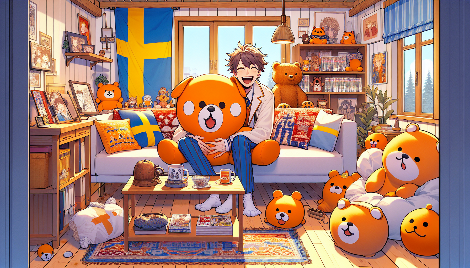 Cheerful Swedish anime fan with Pochita plush in a cozy living room, Dala horse, Nordic decor, and Chainsaw Man plush toy collection.