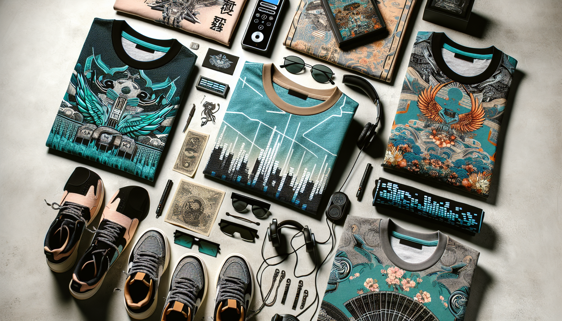Flat lay of trendy Hatsune Miku T-shirts with teal twin tails, music notes, and Japanese motifs, styled with chic accessories on modern background.