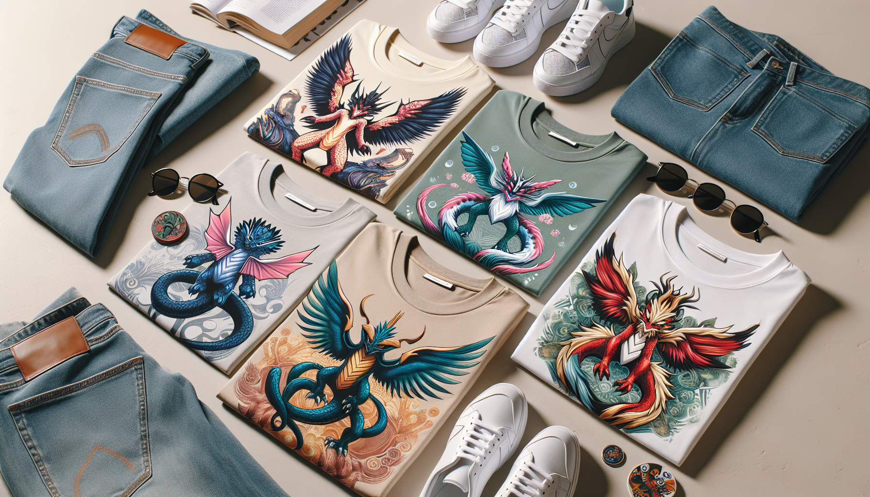 Flat lay of trendy Pokémon-themed T-shirts with Pikachu, Eevee, Charizard, and stylish accessories for a modern streetwear fashion vibe.