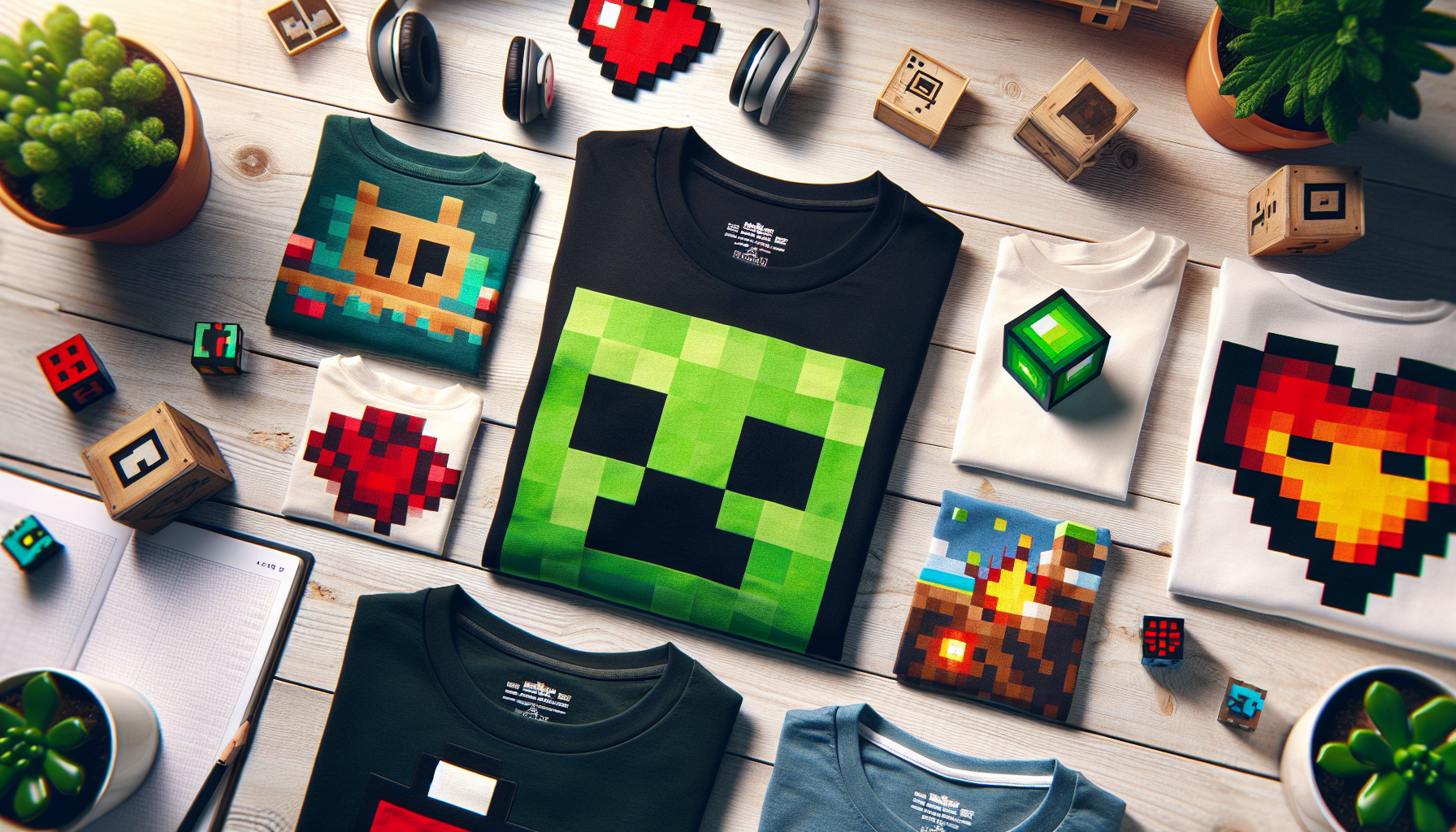 Flatlay of Minecraft-themed T-shirts with Creeper, pickaxe, TNT, and pixel heart designs on wood, plus Minecraft accessories, brightly lit.