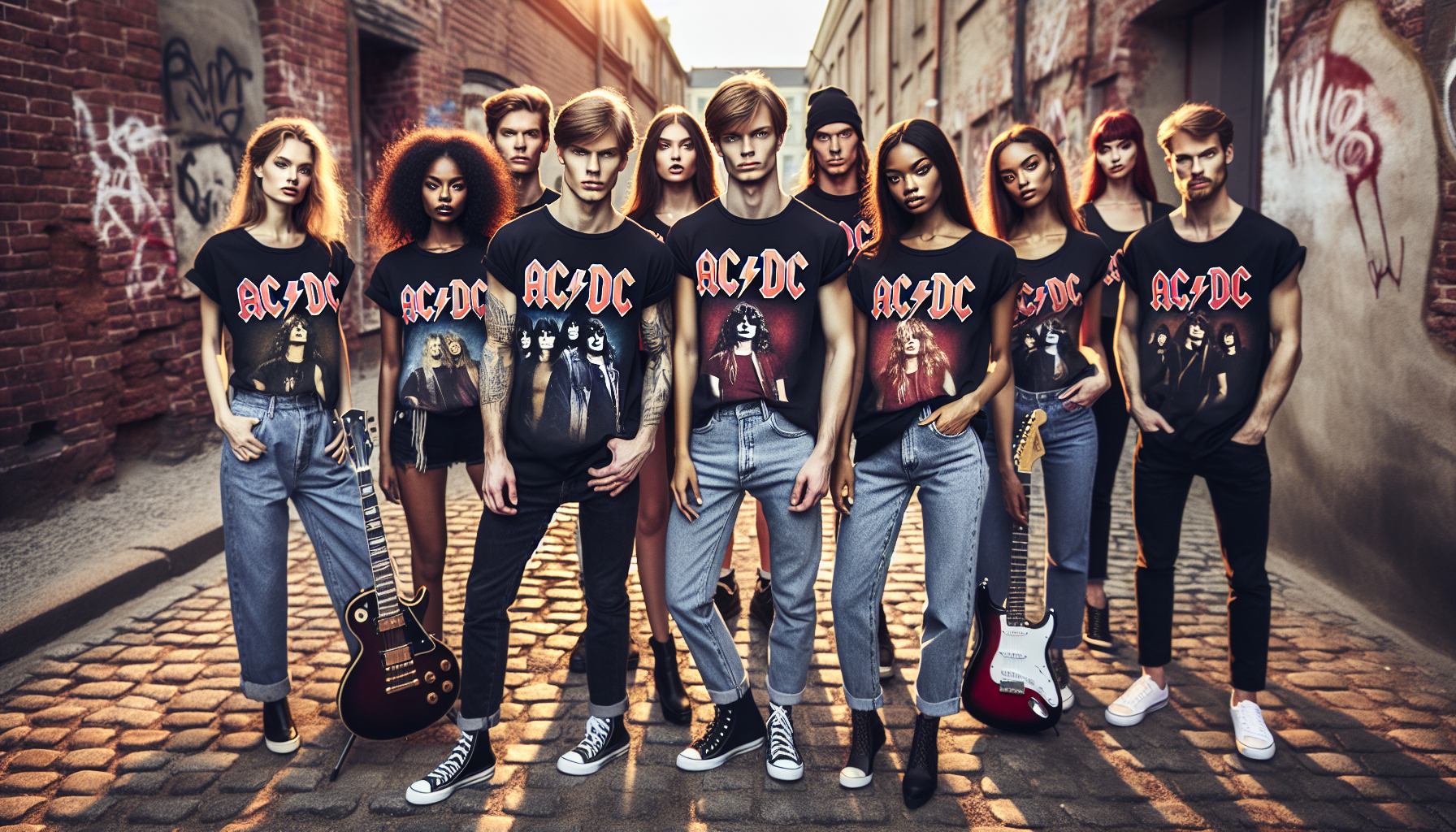 Diverse young adults in classic black AC/DC T-shirts pose stylishly outdoors with urban, rock-inspired backgrounds for a fashion blog feature.