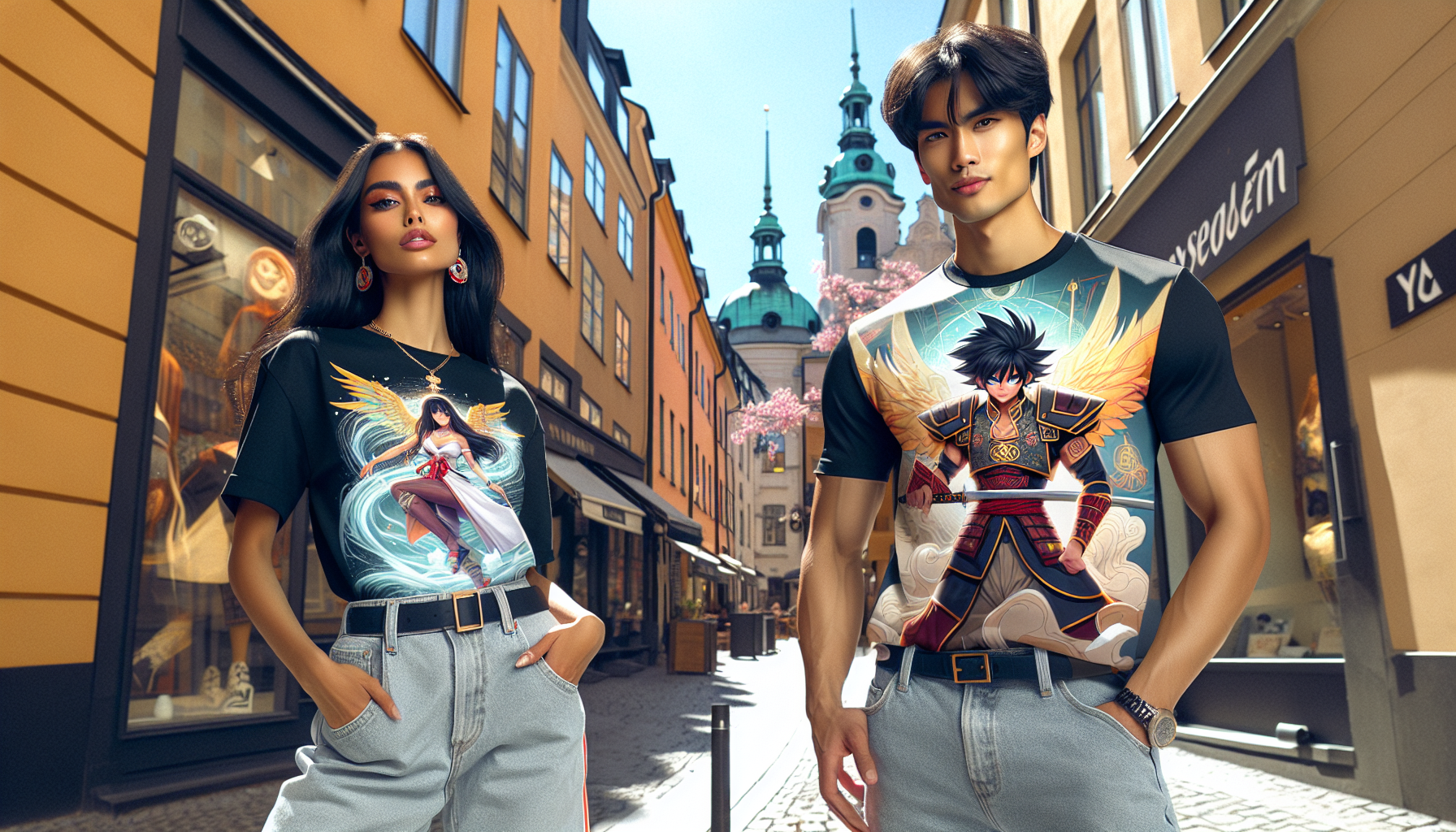 Young Swedish man and woman in Demon Slayer T-shirts on urban street, showcasing Tanjiro Kamado art and Corps logo with cherry blossoms, Scandinavian style.