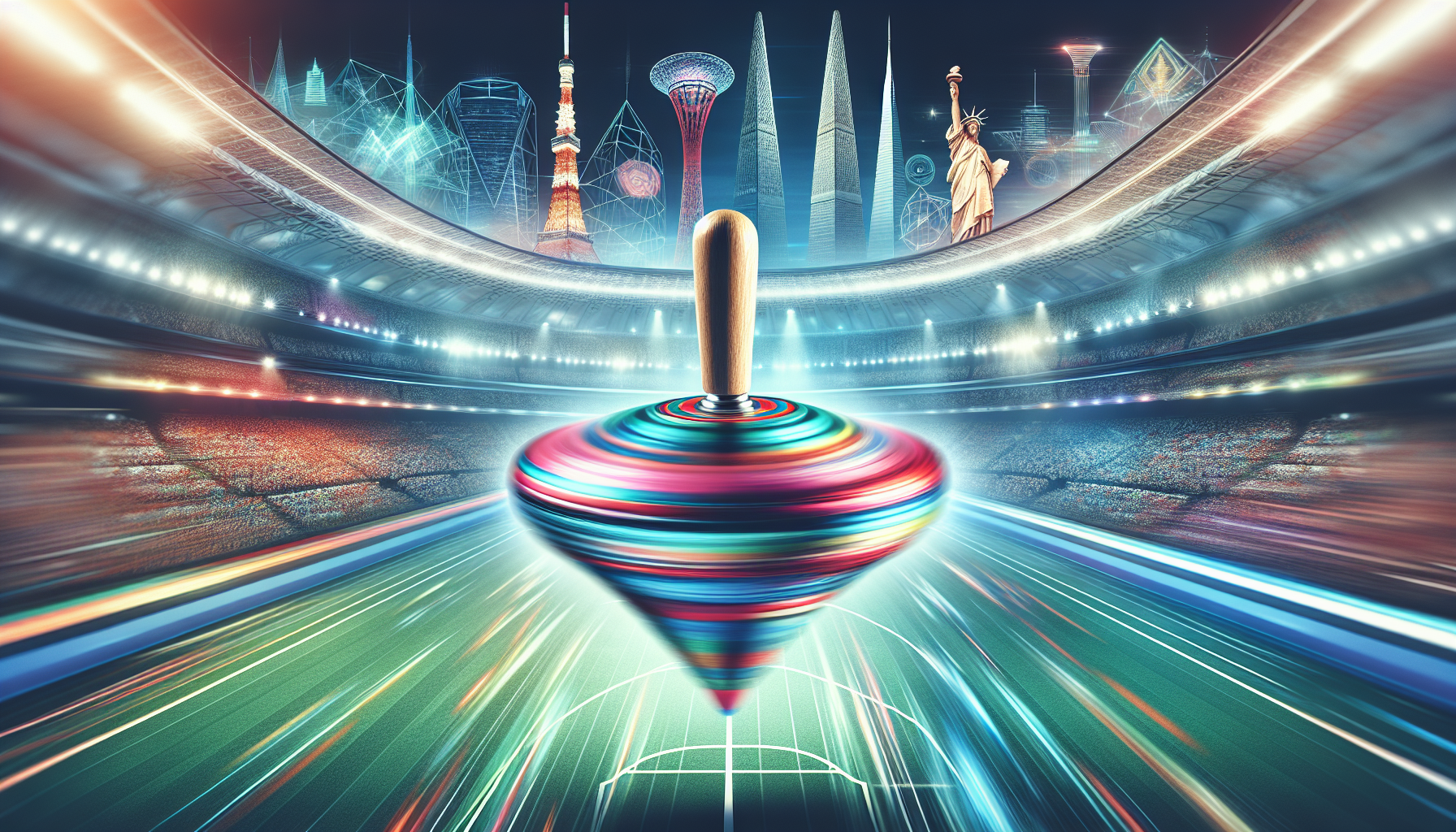 Modern Beyblade spinning in a futuristic arena with motion blur, global landmarks, and classic top silhouette, symbolizing worldwide Beyblade appeal.