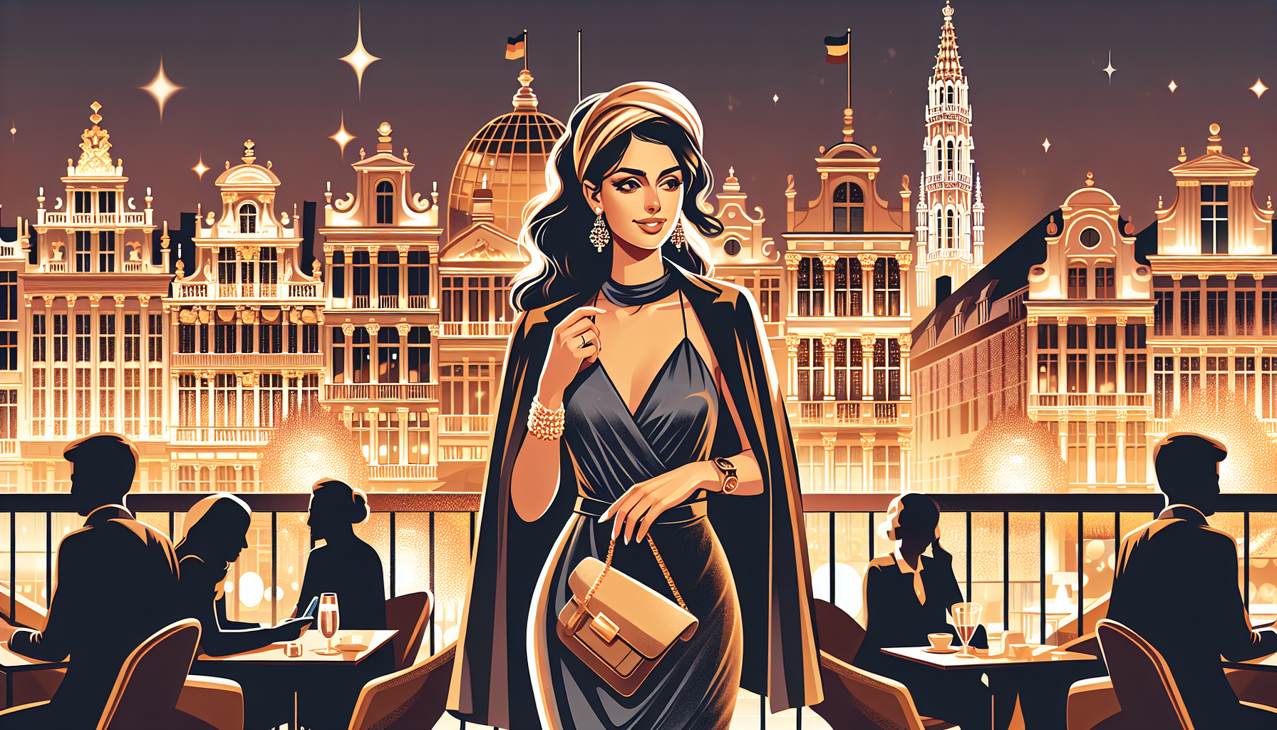 Elegant woman in evening dress walks confidently by a café terrace in night-time Brussels, with Grand-Place and Atomium in the background.