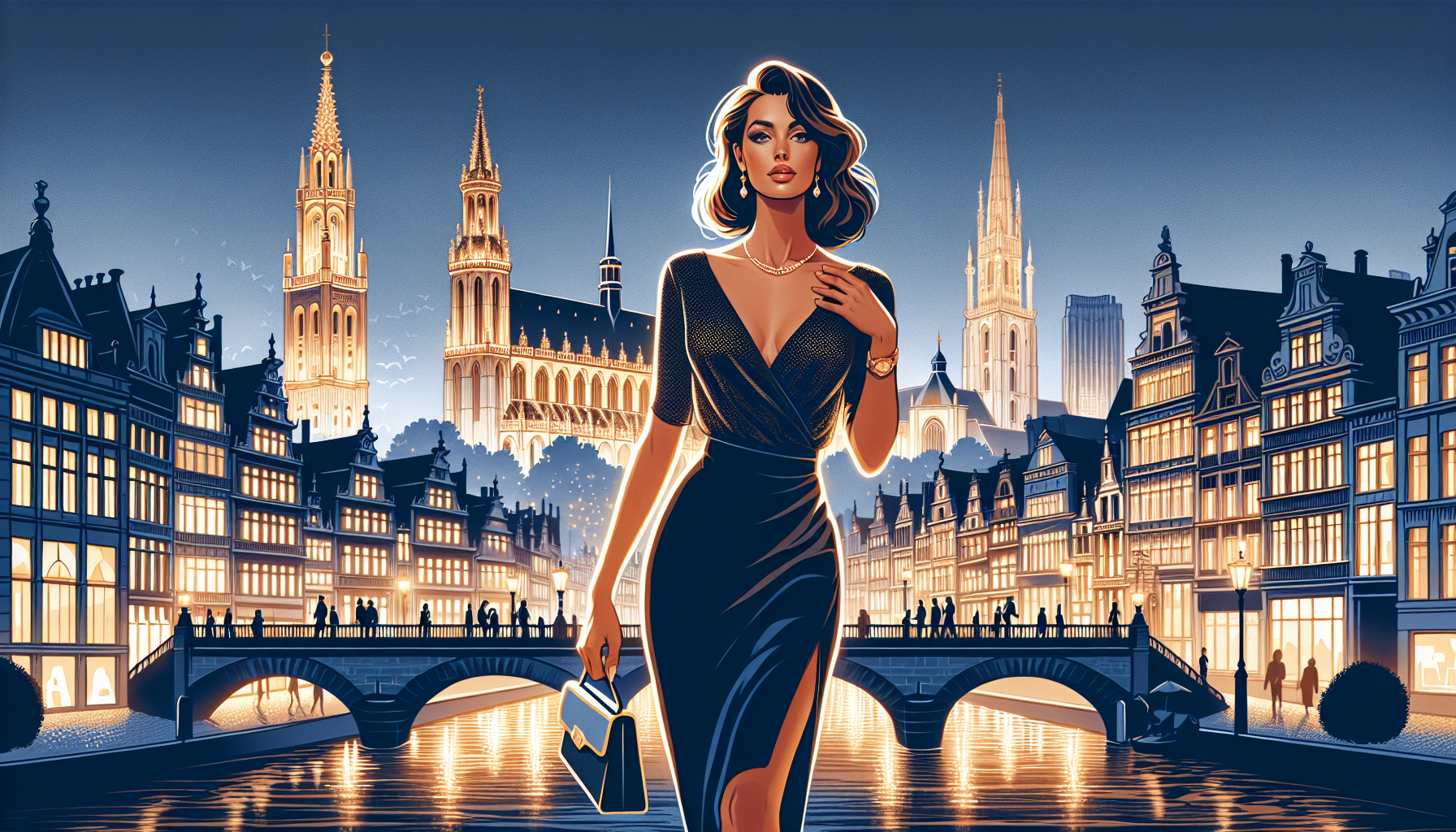 Elegant woman in evening dress walking in illuminated Antwerp cityscape at dusk with Cathedral of Our Lady, symbolizing professional escort services.