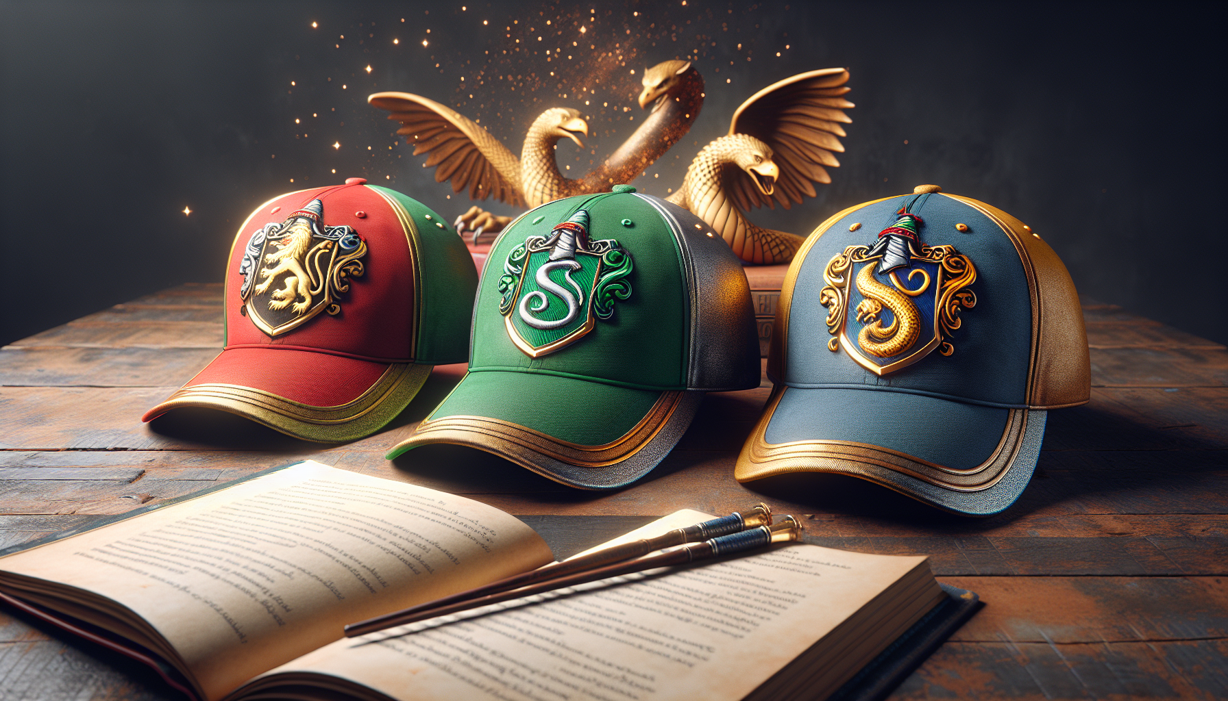 Stylish Harry Potter kepsar house baseball caps—Gryffindor, Slytherin, Ravenclaw, Hufflepuff—on rustic table with spellbook, wand, and magical sparkles.
