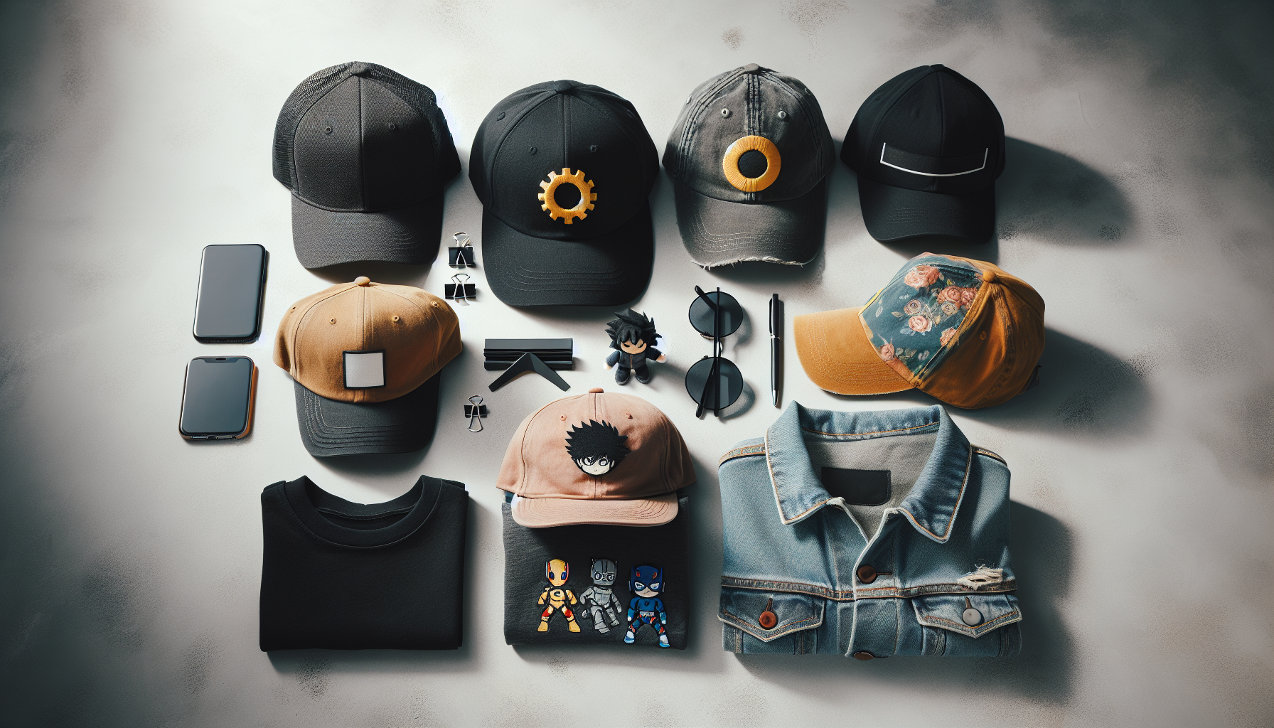 Batman kepsar - Flat-lay of modern Batman caps in various styles with sunglasses, denim jacket, and smartphone on neutral background, highlighting fashion accessories.