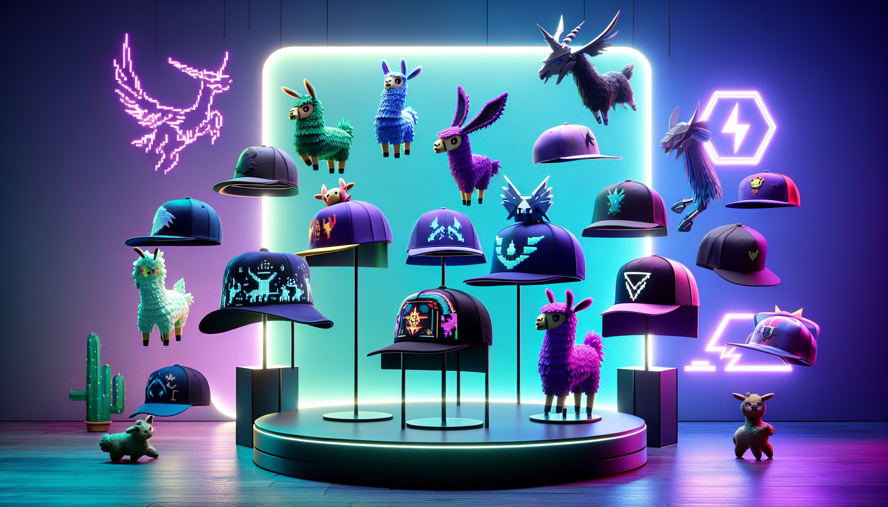 Fortnite kepsar – Colorful Fortnite-inspired caps with playful designs displayed on modern stands, perfect for youth style tips and gaming fashion blog articles.