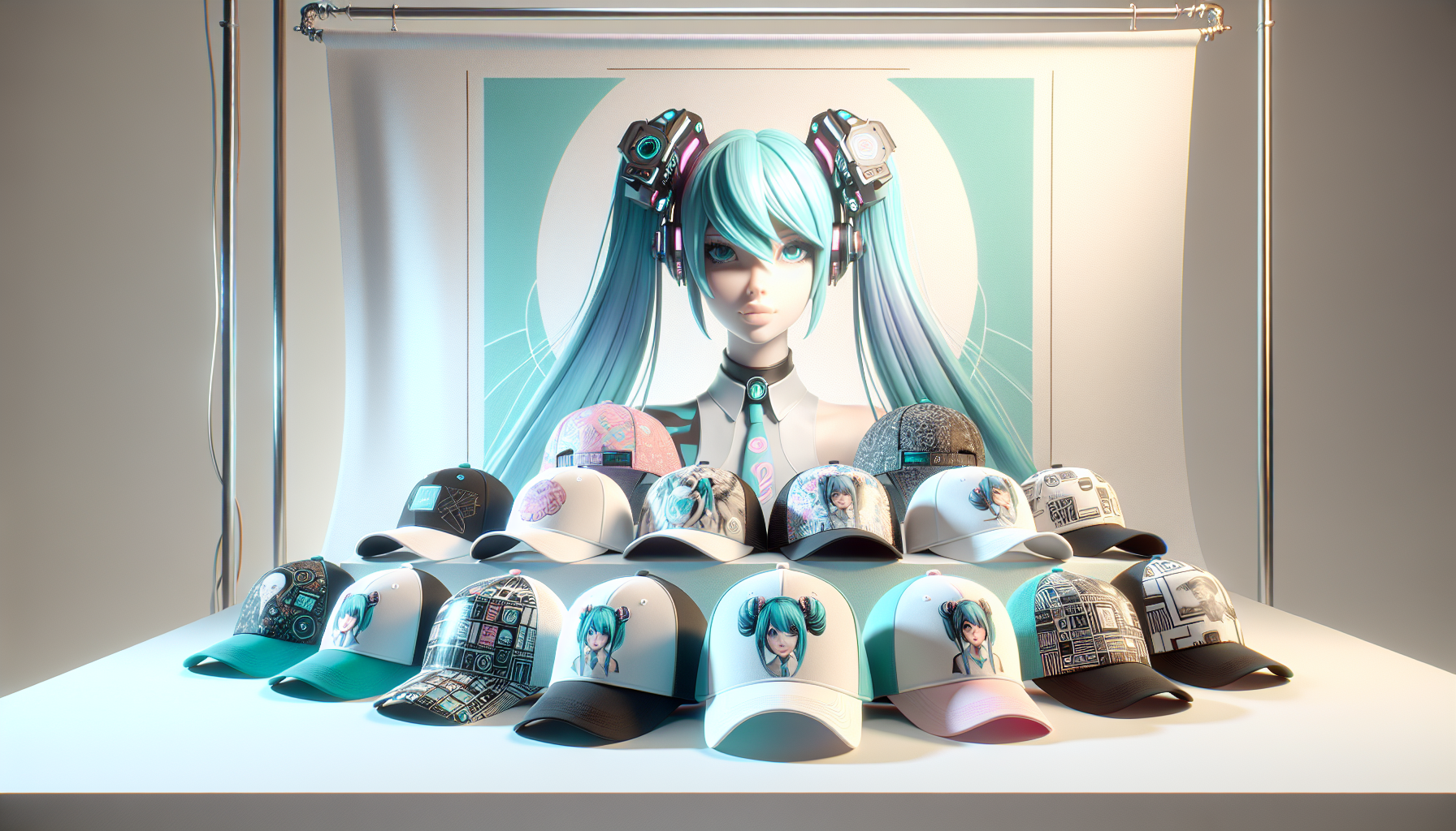 Hatsune Miku Kepsar - Stylish Hatsune Miku baseball caps with vibrant teal designs displayed on white, admired by a chibi Miku silhouette. Modern, fan-focused fashion.