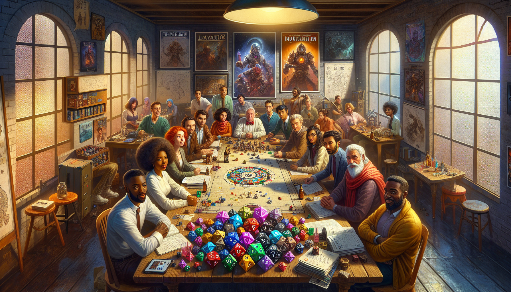 Diverse group playing tabletop RPG and board games at a cozy modern café, with dice, miniatures, and Modiphius-style game boxes on the table.