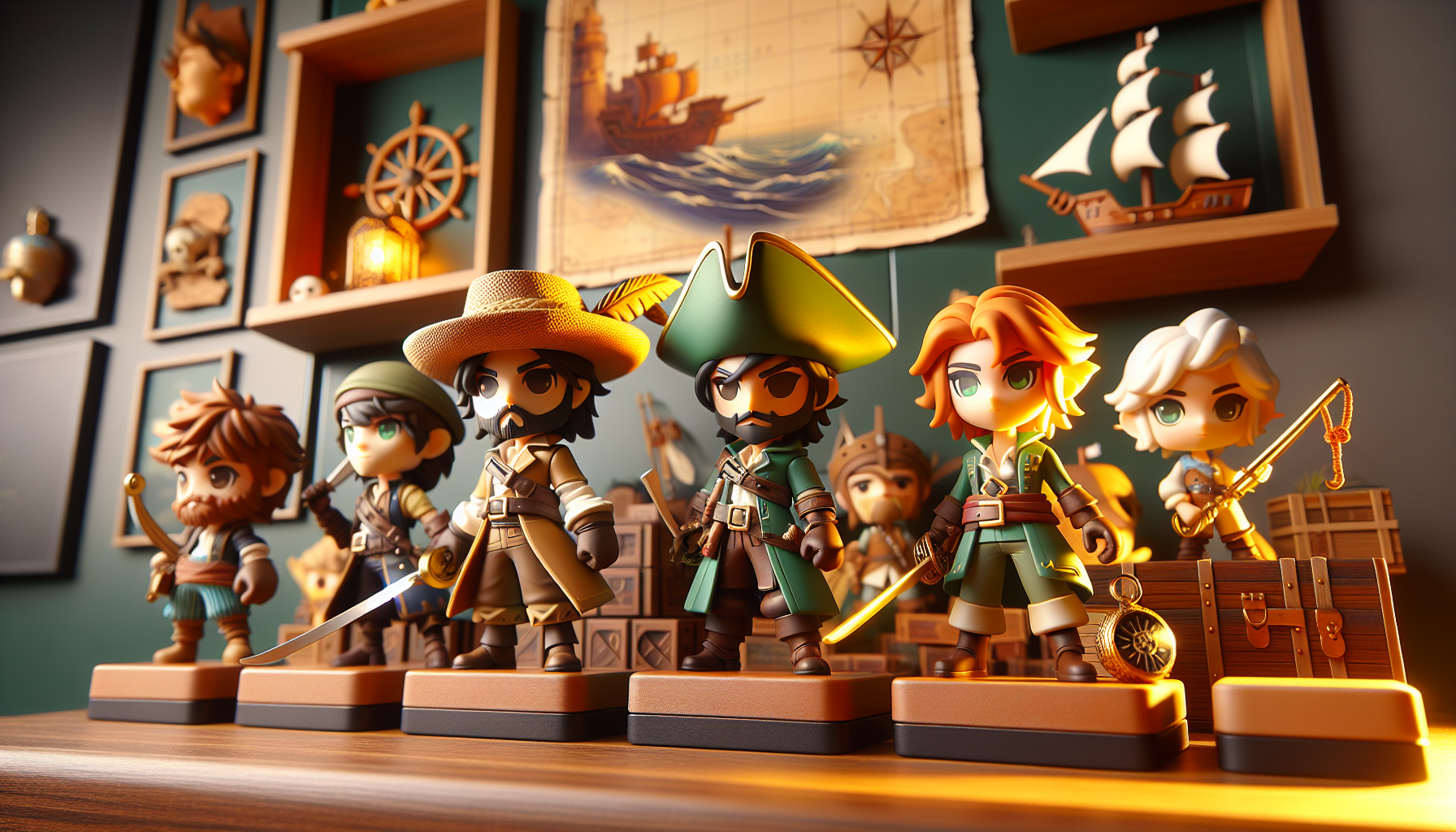 One Piece POP Figurer - One Piece Funko POP! figures of Luffy, Zoro, and Nami on a stylish collector’s shelf with pirate decor in a modern, warmly lit room.