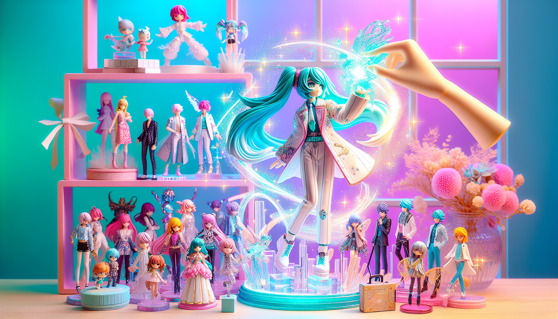 Hatsune Miku Figurer - Colorful display of Hatsune Miku collectible figures on a pastel shelf, hand adding new figure, vibrant anime-style pop culture collection.