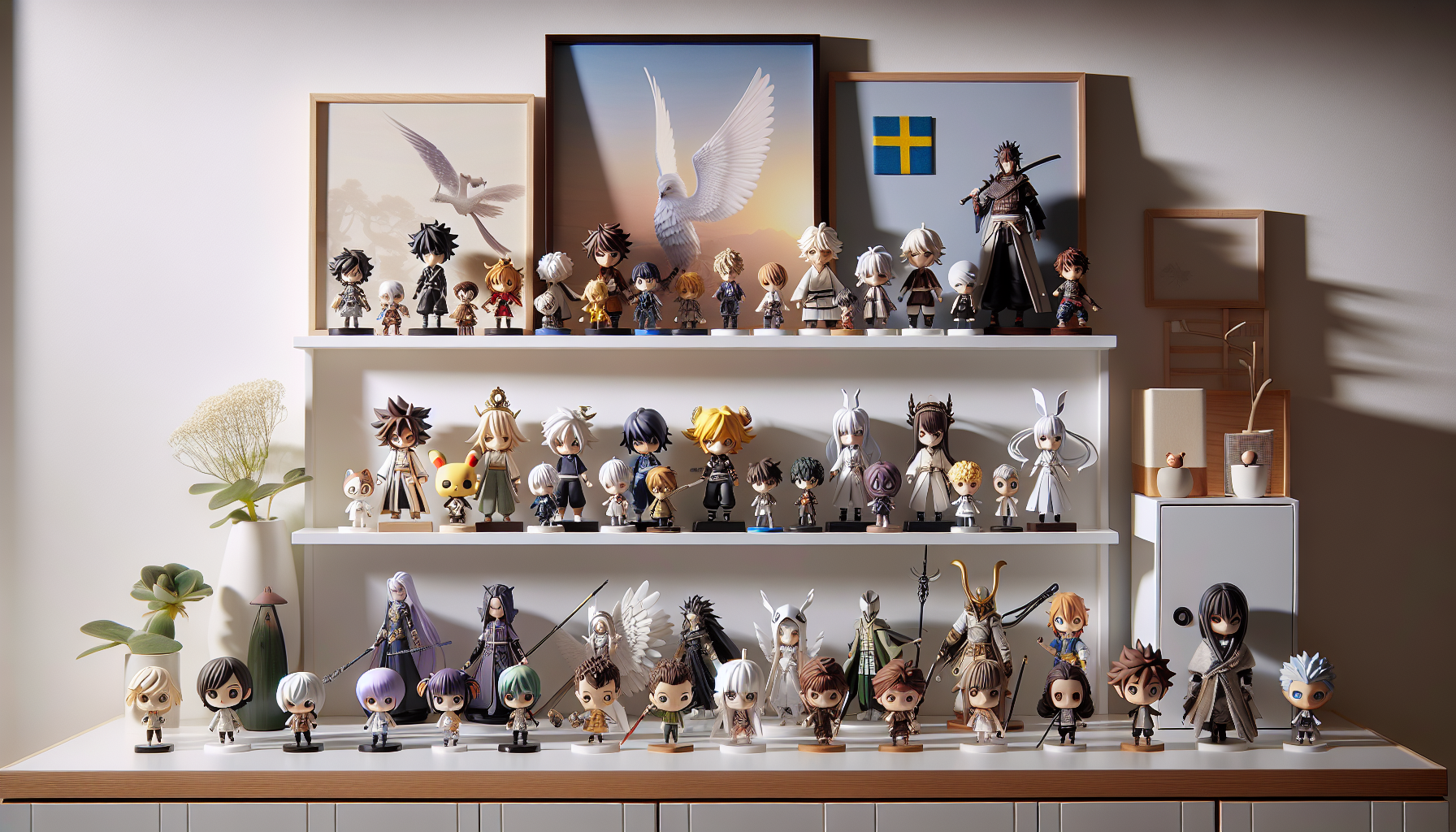 Elegant display shelf with Hunter X Hunter figurines—Gon, Killua, Kurapika, Hisoka—plus Swedish decor, soft natural lighting.