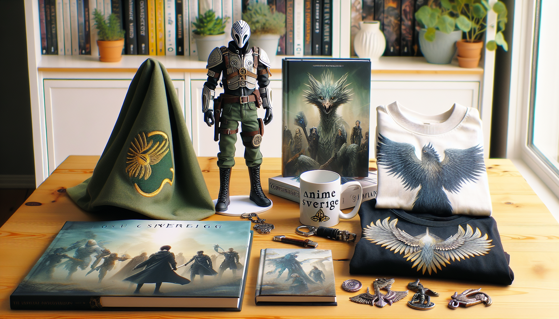 Flat lay of Attack on Titan merchandise: Eren Yeager figure, Survey Corps cape, titan keychain, manga, Swedish flag pin, and "Anime Sverige" mug.