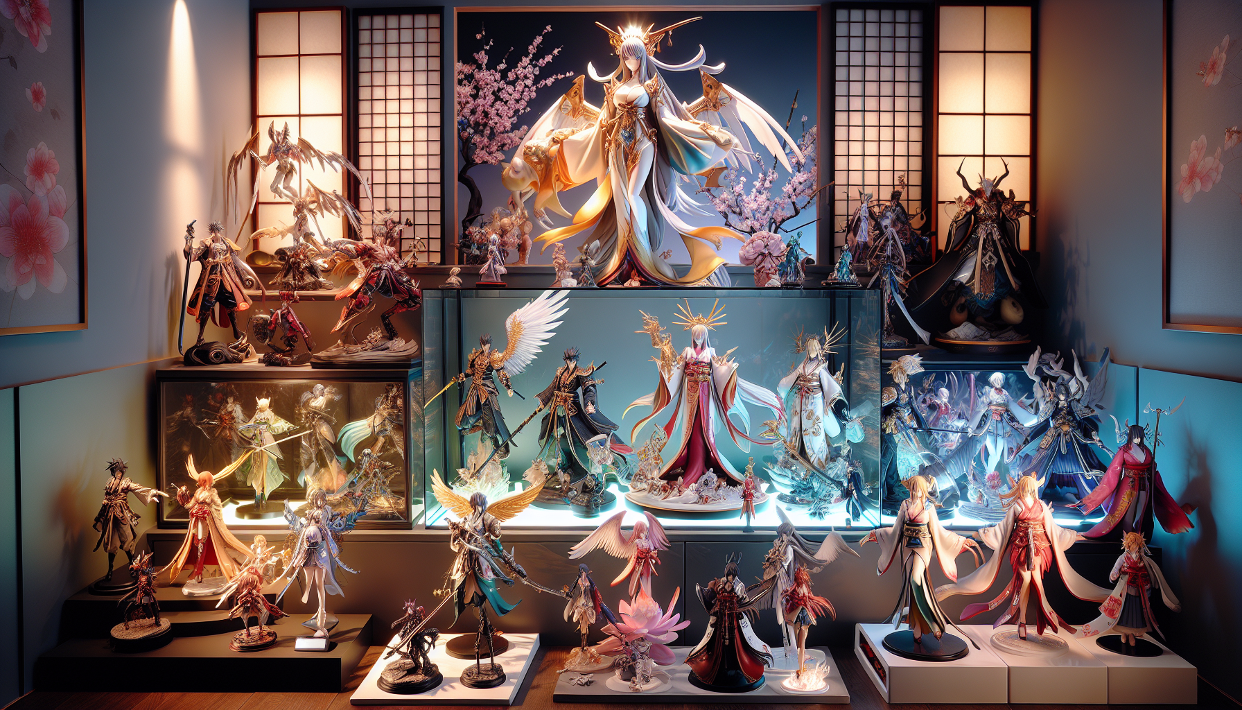 Demon Slayer Figurer - Vibrant display shelf with detailed Demon Slayer figures—Tanjiro, Nezuko, Zenitsu, Inosuke—ideal for anime collector blogs.