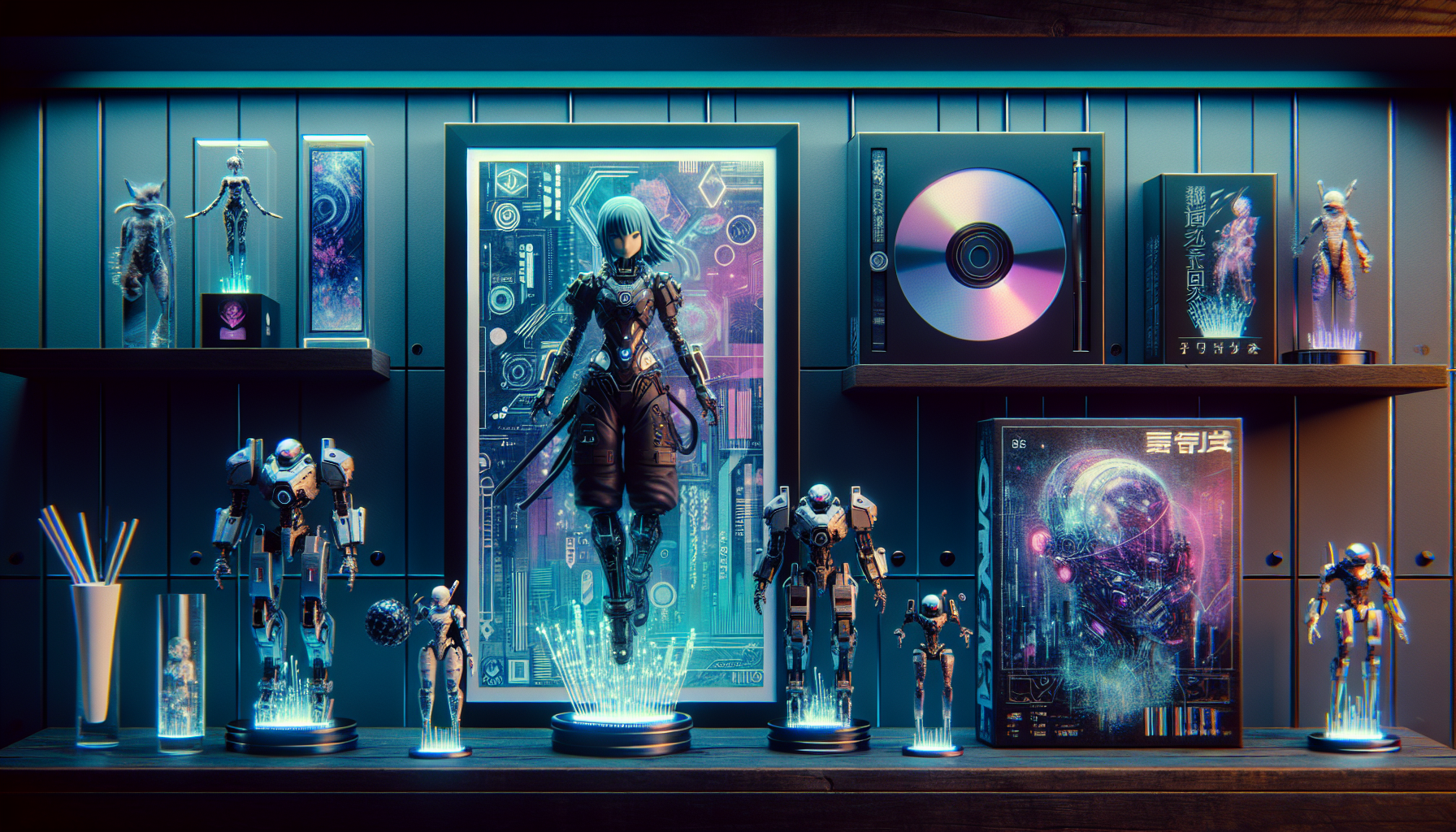 Ghost in the Shell collectibles on dark shelf: Major Kusanagi figures, tachikoma robots, framed art, blu-ray sets, neon and digital effects.