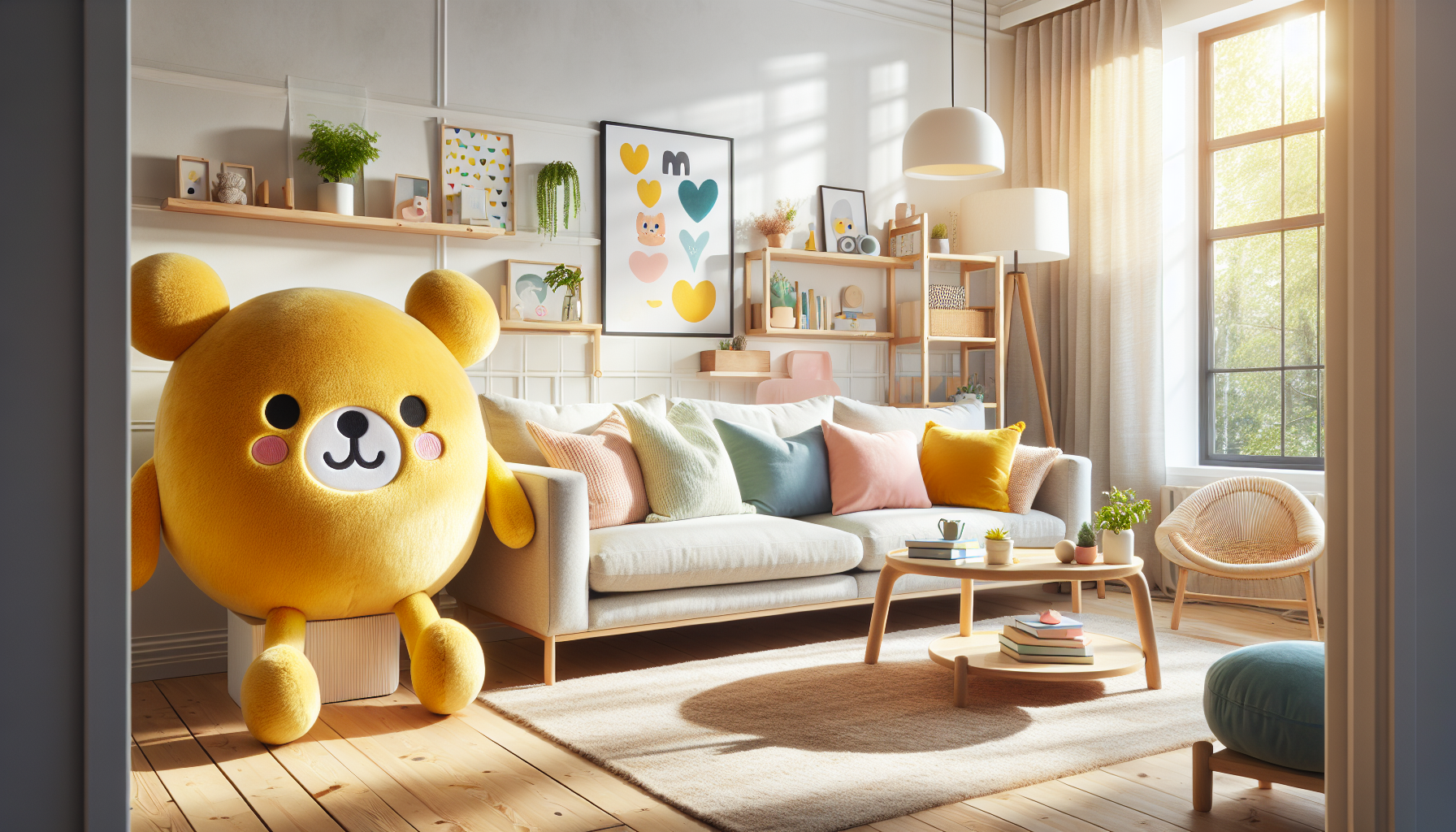 Svampbob Fyrkant Gosedjur - Svampbob Fyrkant plush toy on Scandinavian sofa in bright Swedish living room, colorful pillows, playful decor, soft daylight, cozy interior.