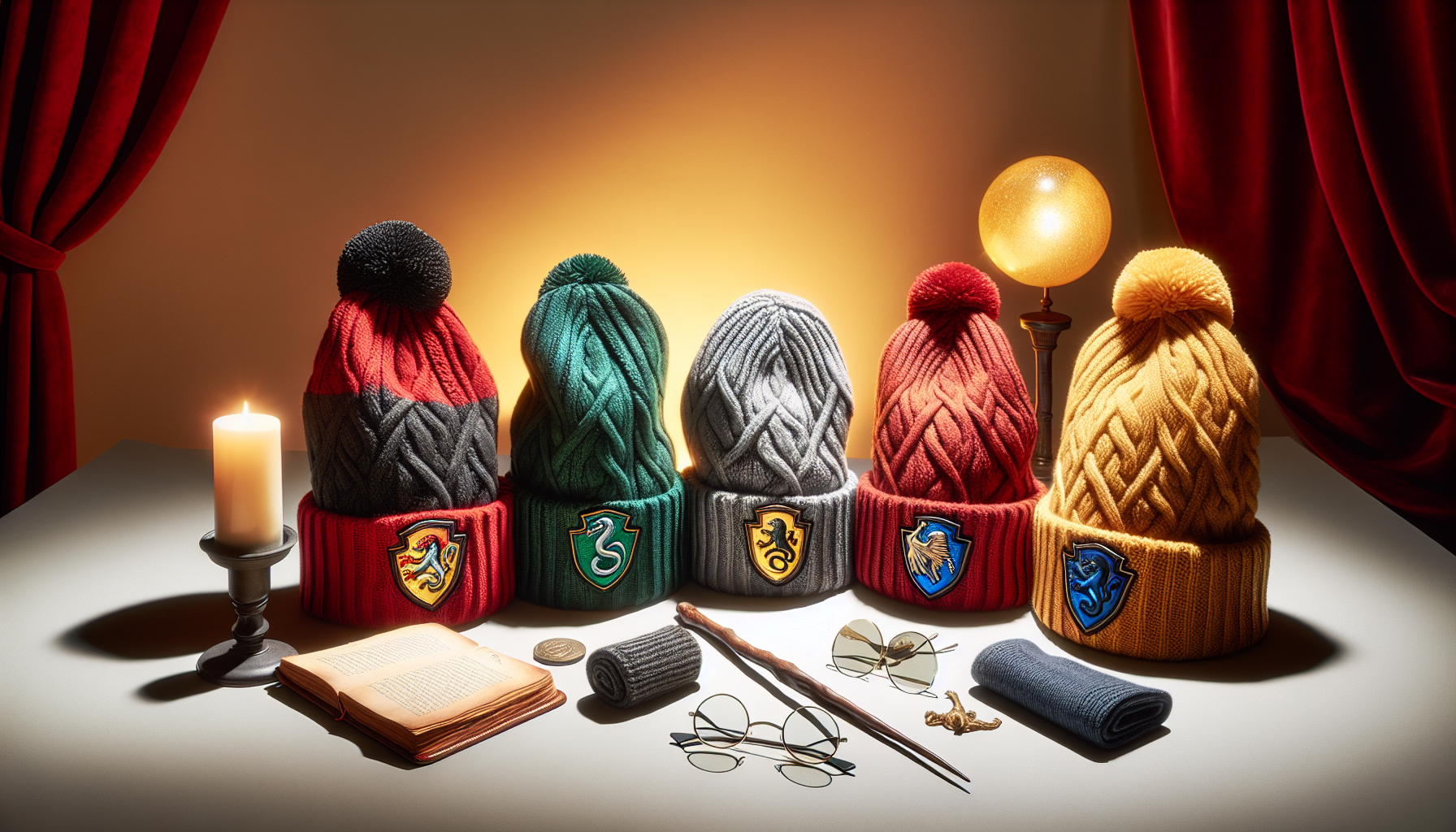 Flat lay of four knitted Harry Potter beanies in house colors with embroidered crests, wand, glasses, parchment, and golden snitch on neutral background.