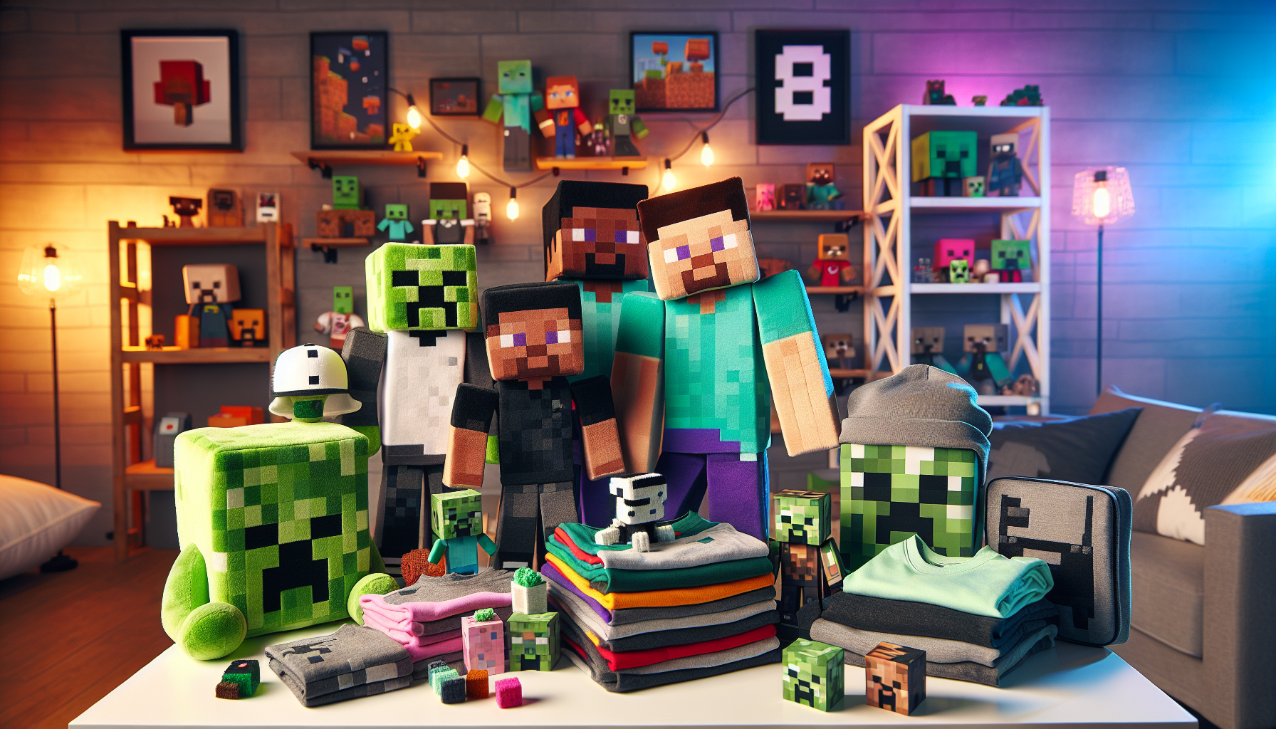 Minecraft Merchandise- Array of Minecraft-themed plush toys, t-shirts, mugs, hats, and figurines neatly displayed on a white tabletop in a cozy gamer room setting.