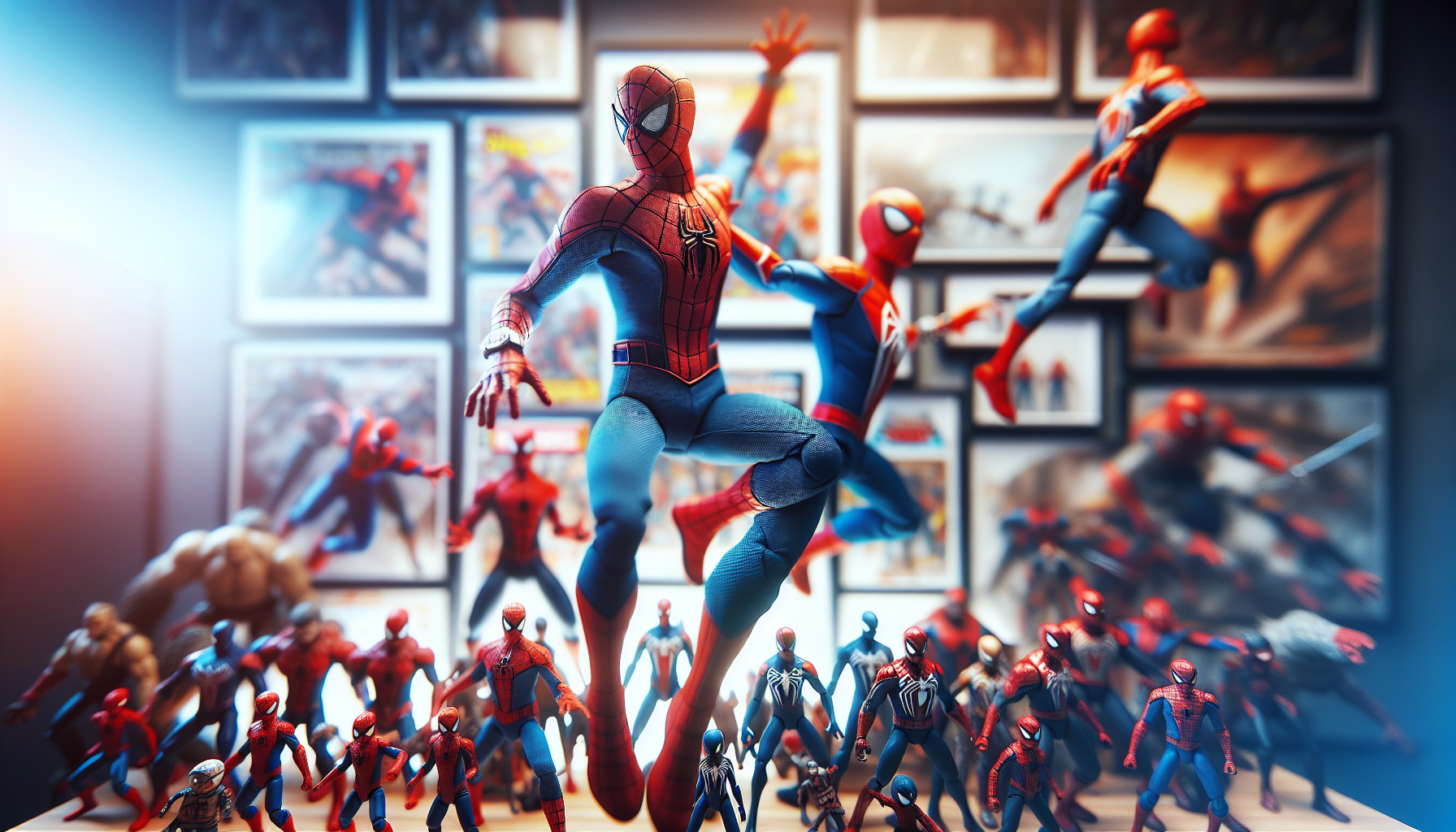 Spider-man Figurer Tabletop display of diverse Spider-man action figures in dynamic poses with blurred comic covers, ideal for collectors and kids.