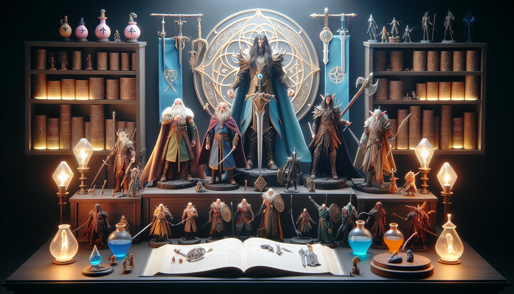 The Witcher Figurer - Display shelf with Geralt, Ciri, and Yennefer Witcher figures, detailed collectibles, moody fantasy lighting, Swedish “Samlarvärldens Mästare” sign.