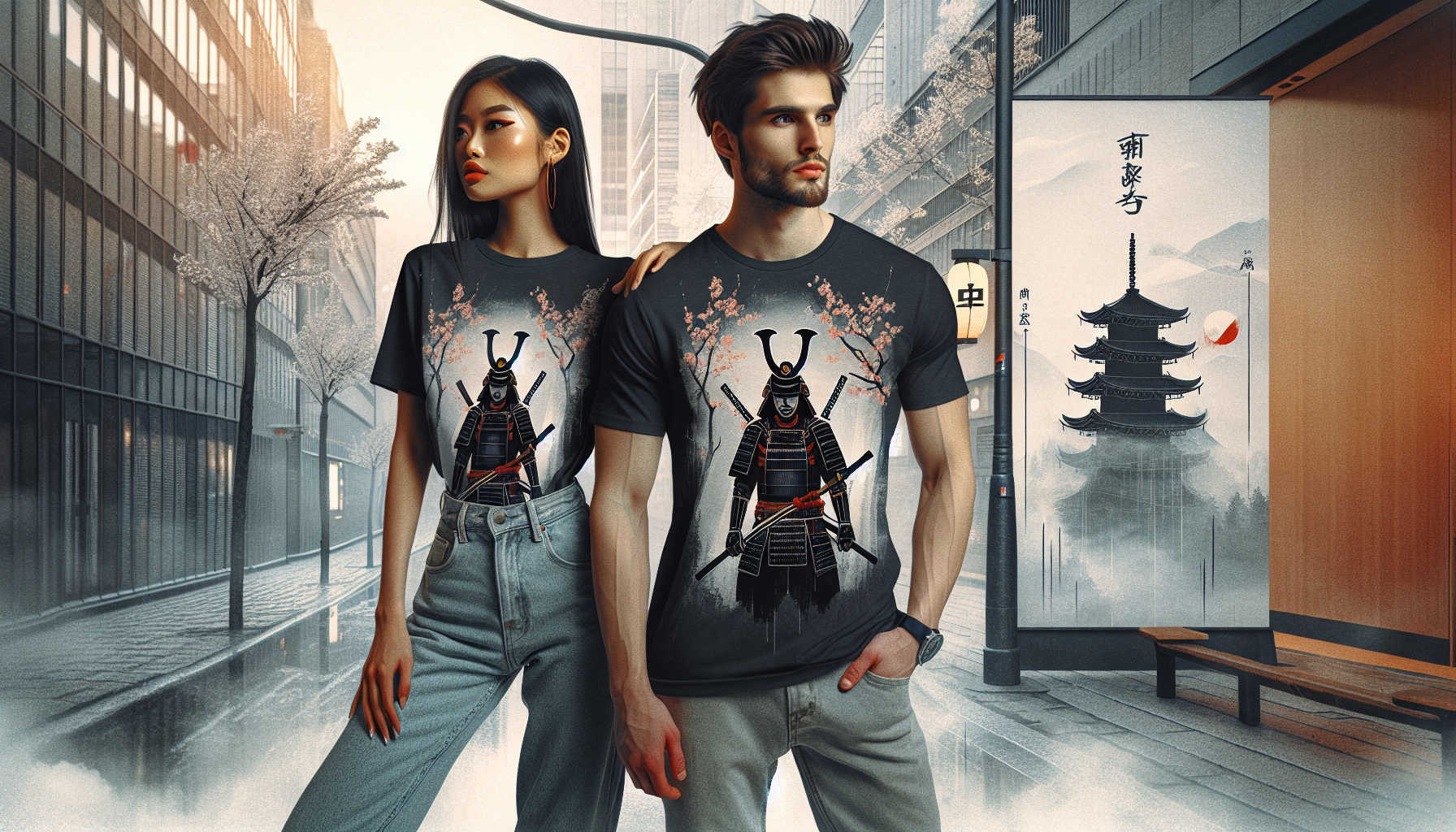 Trendy young man and woman wearing Ghost of Tsushima T-shirts in urban Stockholm, blending gaming icons with modern fashion, soft lighting, minimal design.