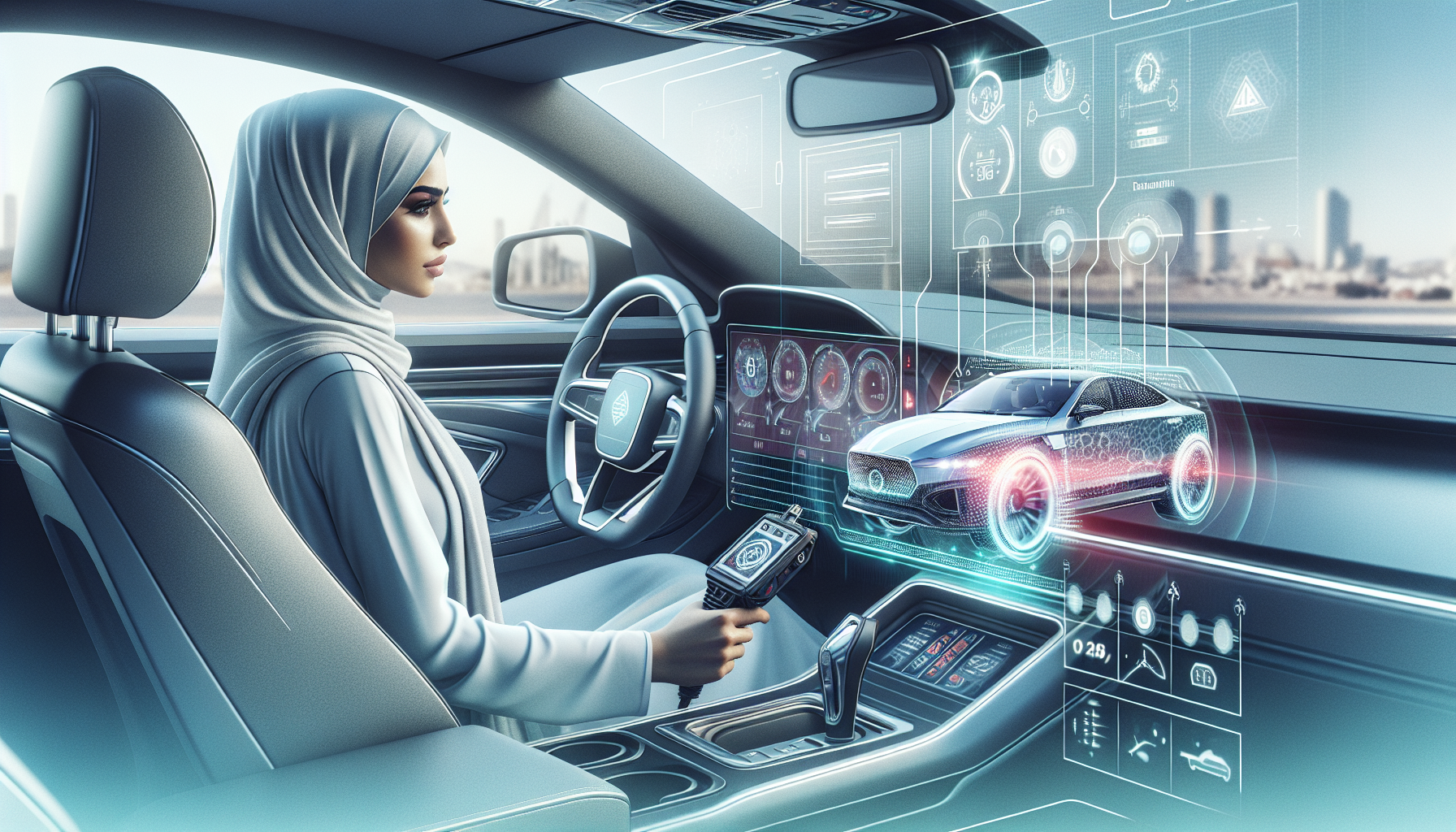 Modern car interior with driver using OBD scanner, diagnostic code on screen, digital engine overlay, and tech accents for automotive blog.