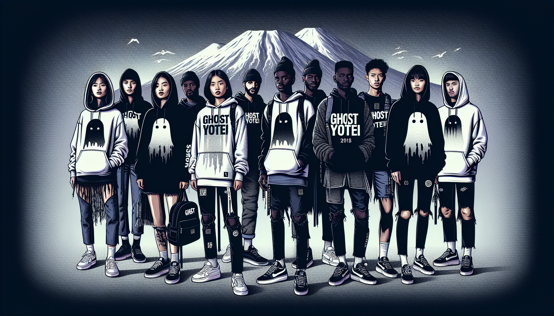 Diverse young adults model Ghost of Yotei streetwear with urban, nature-inspired designs, Mount Yotei motifs, and Japanese elements in a city setting.