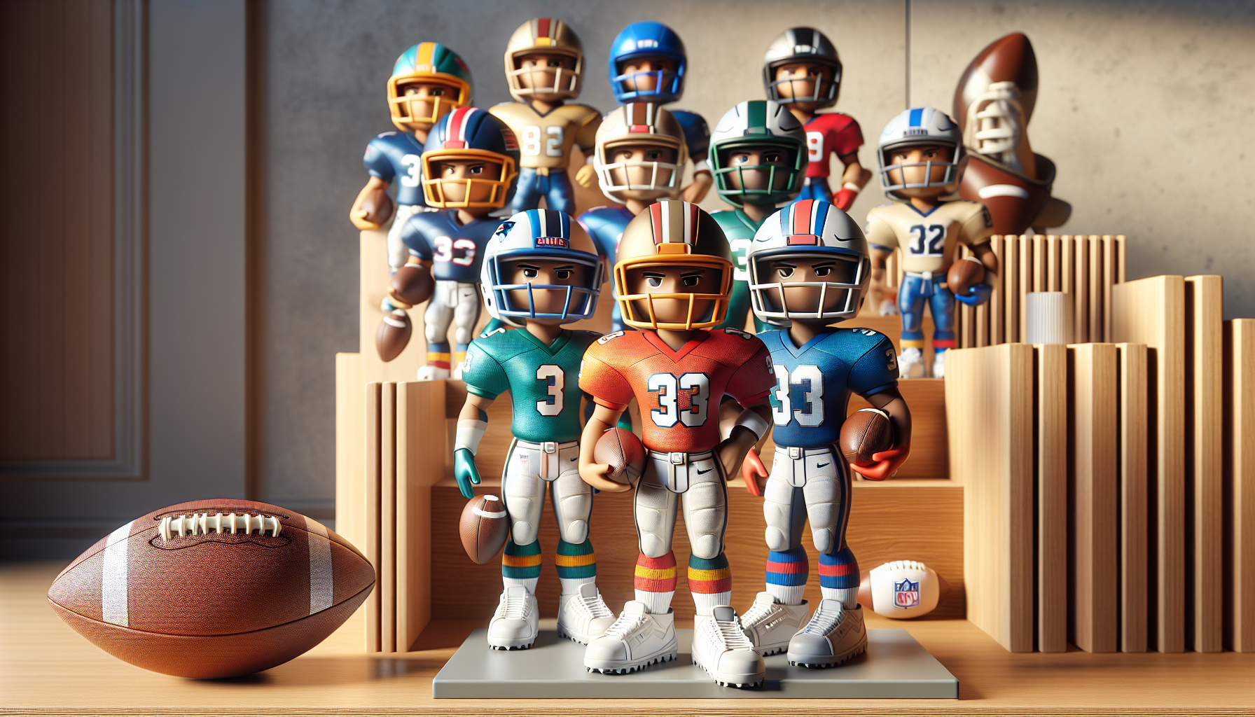 NFL POP Figurer Stylish NFL POP figurines of iconic players in team uniforms on a modern shelf with Scandinavian decor and a football accent.