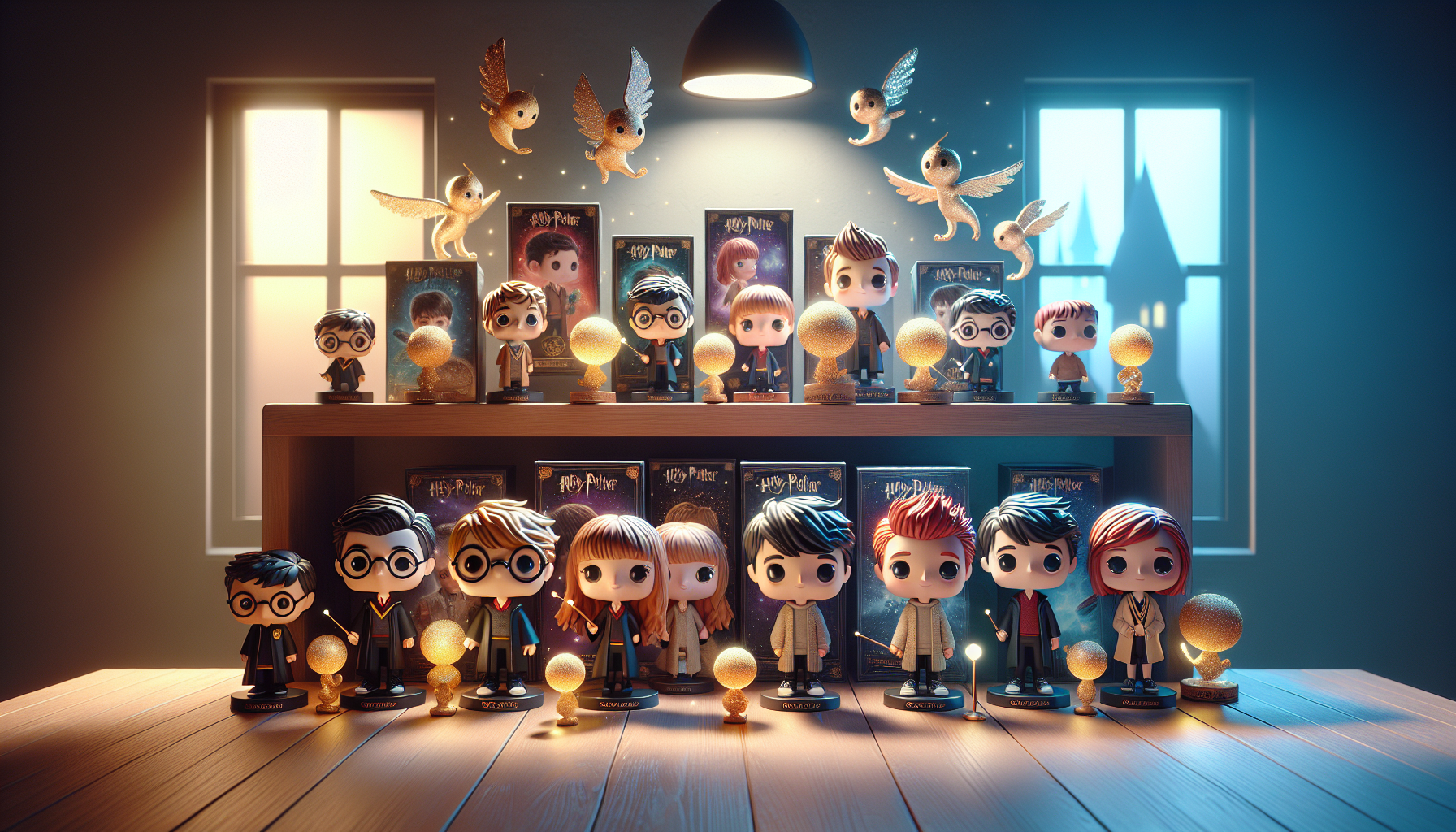 Harry Potter Funko POP figurer displayed on a modern collector's shelf with magical accents, golden snitches, and castle silhouettes in background.