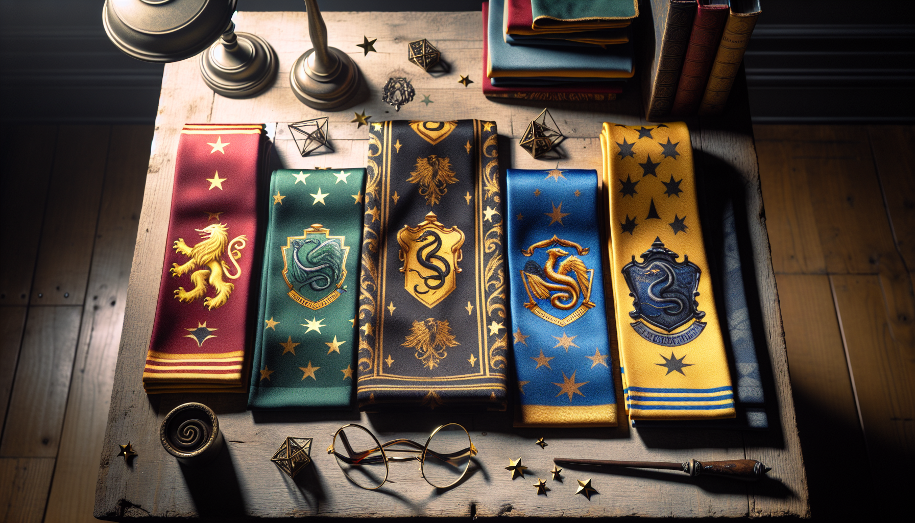 Harry Potter Halsdukar - Flat-lay photo of Gryffindor, Slytherin, Ravenclaw, and Hufflepuff scarves with magical details on rustic wood, Harry Potter fashion.
