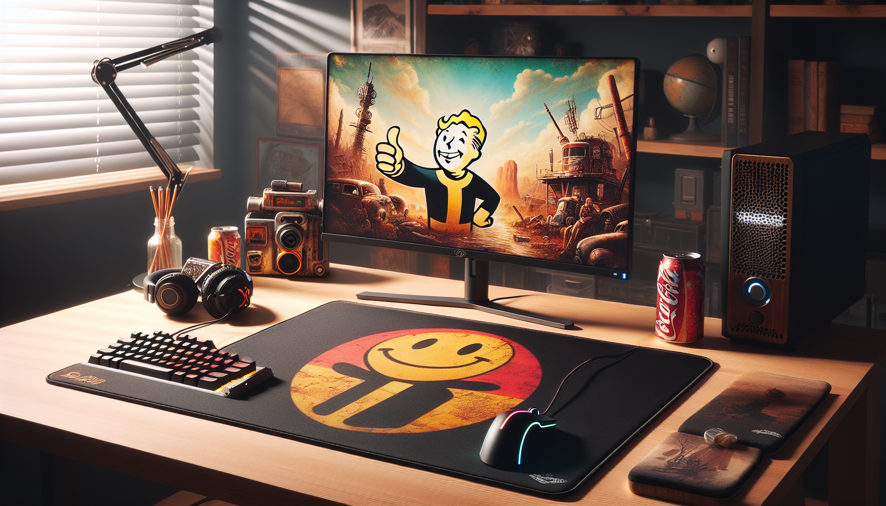 Fallout musmattor Fallout-themed gaming desk setup with Vault Boy mouse pad, Nuka-Cola logos, modern keyboard, and mouse on a tidy wooden desk in daylight.