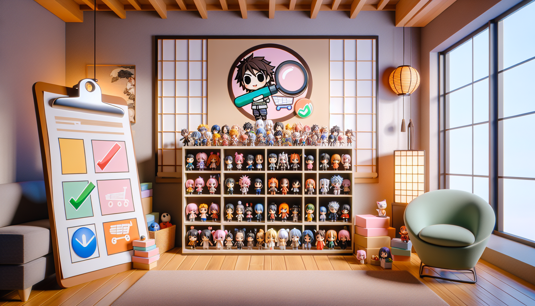 Shelf displaying Naruto-inspired chibi vinyl figures with checklist guidebook, cozy collector room, Japanese décor, and soft lighting.