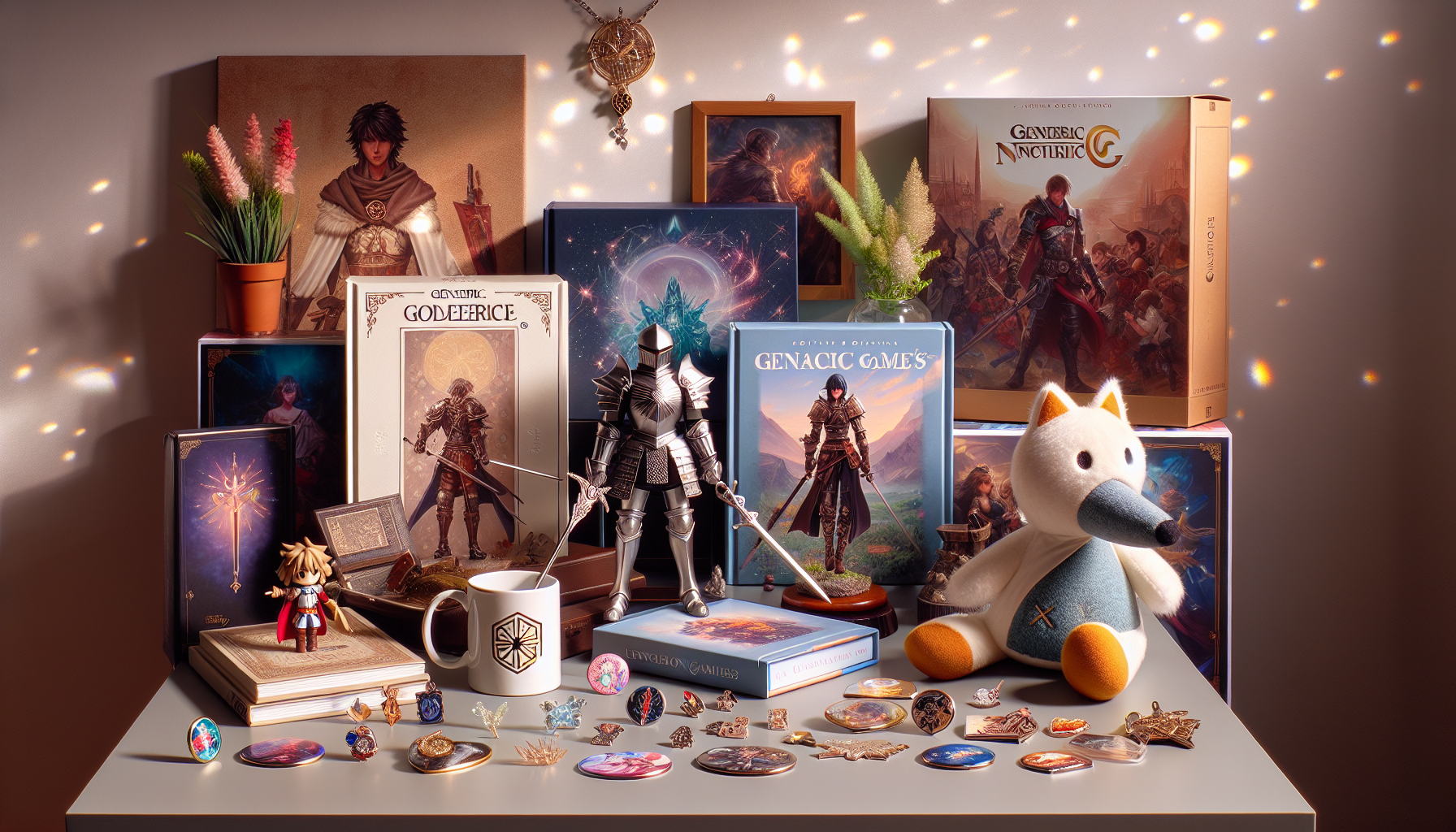 Flat lay of iconic Final Fantasy merchandise: Cloud and Sephiroth figures, Chocobo plush, game boxes, artbooks, pins, and crystal necklace.